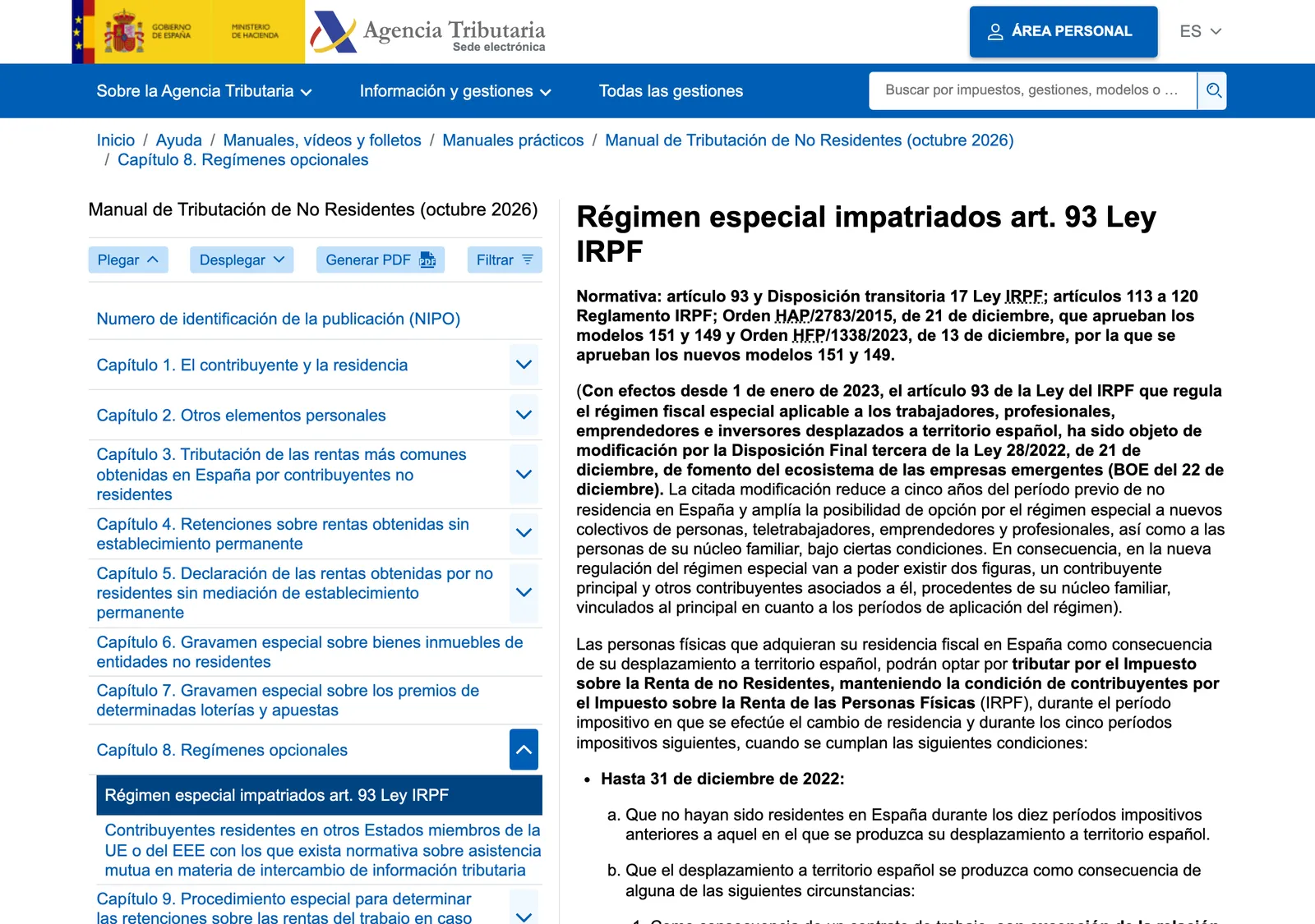 Seite des Handbuchs der Steuerbehörde mit der Überschrift Sonderregime für entsandte Arbeitnehmer, Artikel 93 des IRPF-Gesetzes, links das Kapitelmenü.