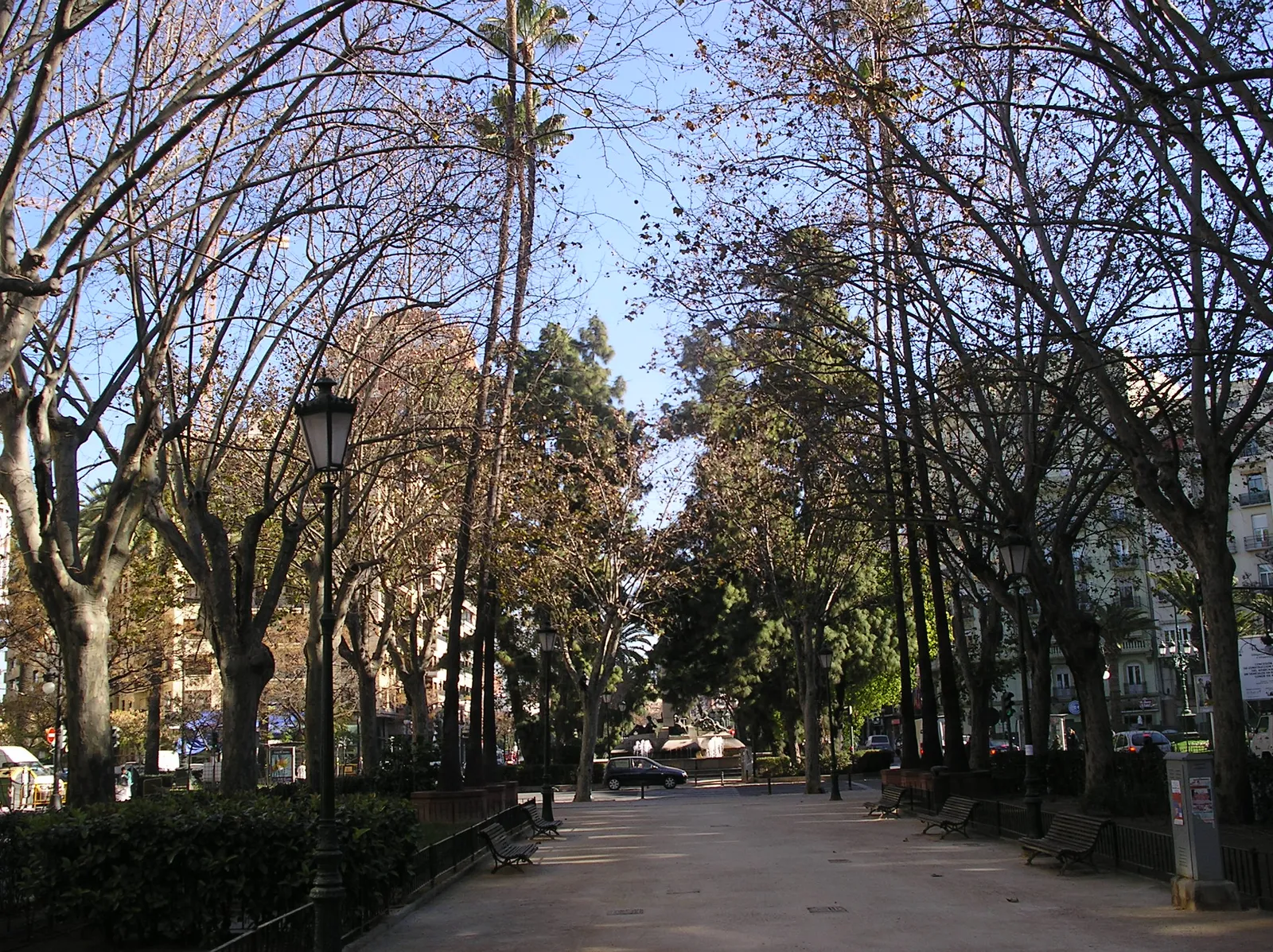 Baumbestandene Allee Gran Via Marques del Turia mit Wohnhäusern auf beiden Seiten.