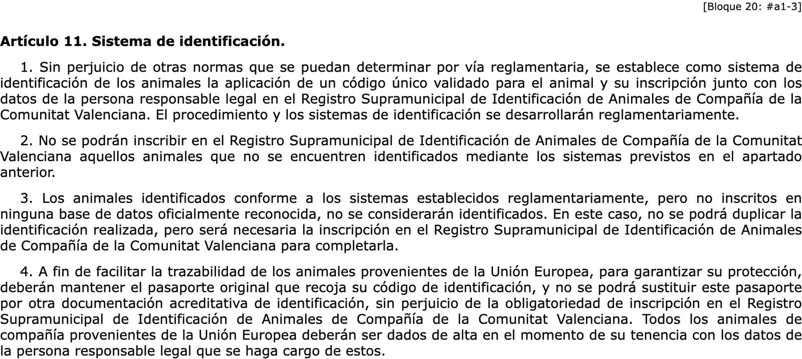Screenshot des Amtsblatttextes des valencianischen Heimtiergesetzes, Artikel zum Identifizierungssystem, auf Spanisch