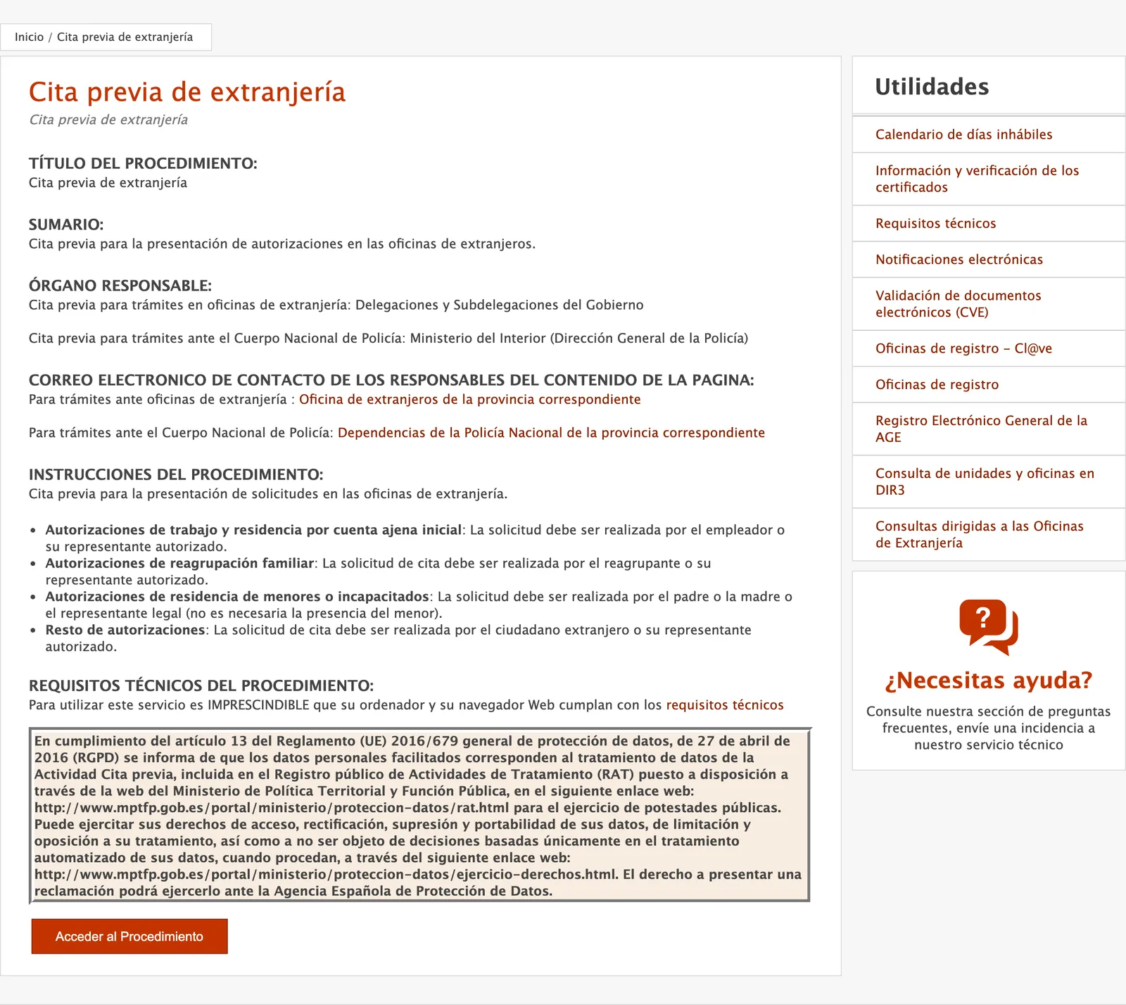 Sede page for the foreigner cita previa with the responsible bodies and instructions listed