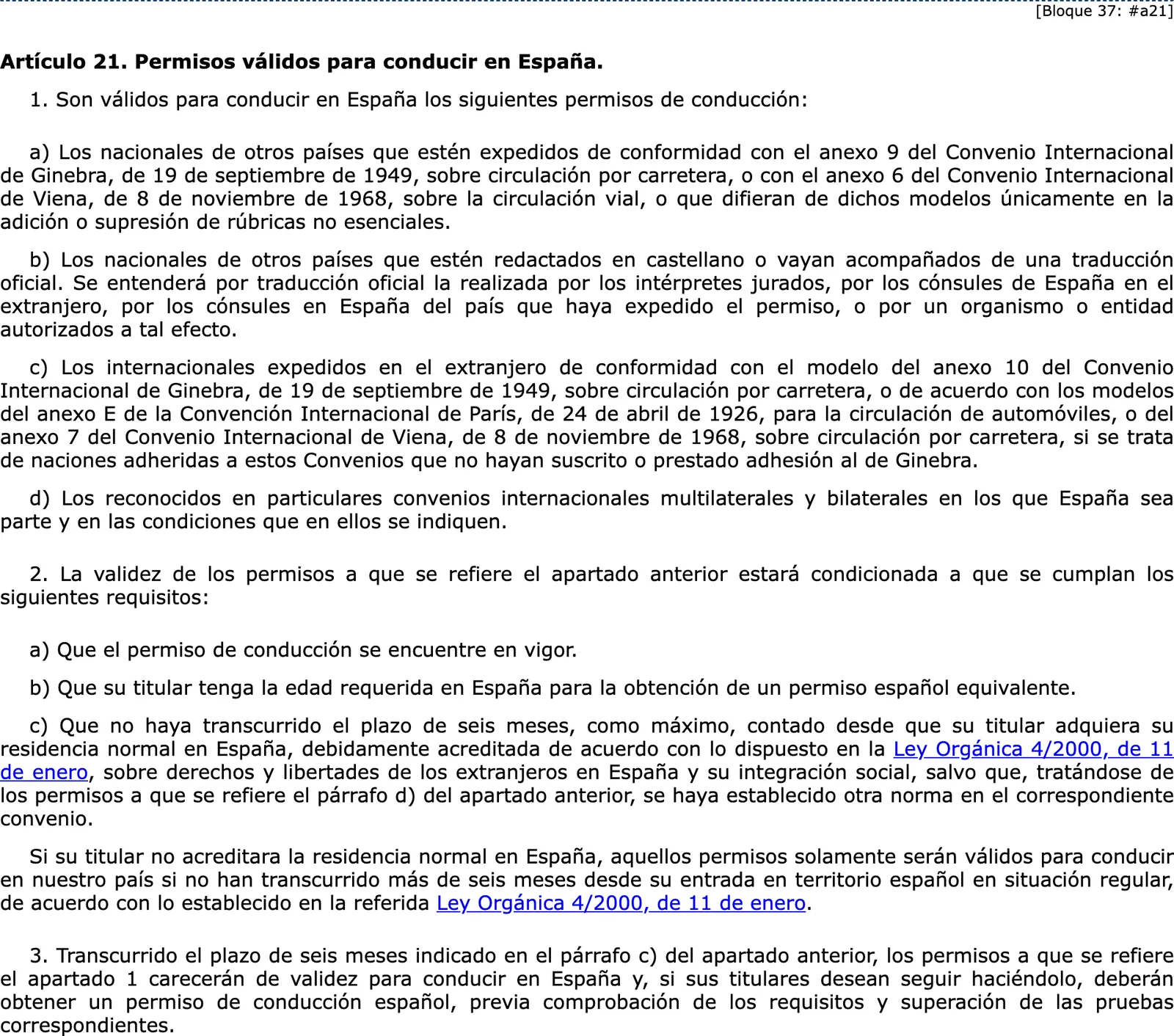 Article 21 of the General Drivers Regulation in the consolidated BOE text, on foreign licences valid in Spain