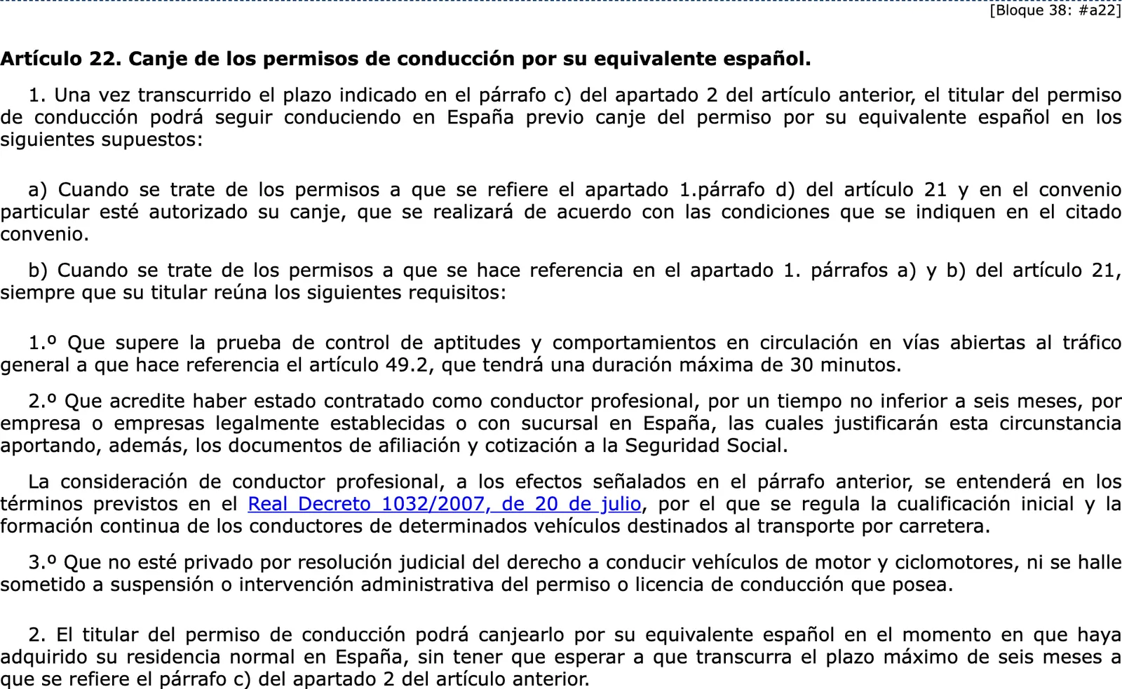 Article 22 of the General Drivers Regulation in the consolidated BOE text, on exchanging foreign licences