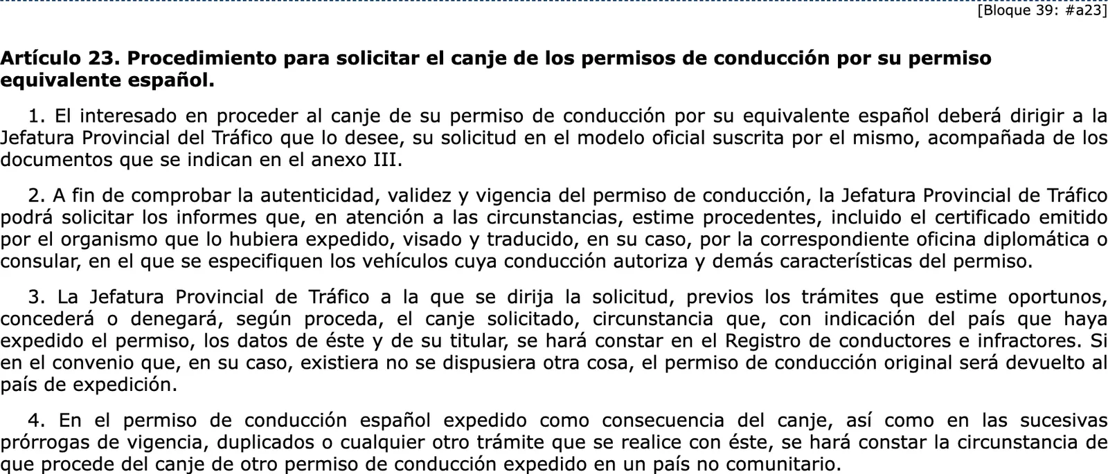 Article 23 of the General Drivers Regulation in the consolidated BOE text, on the exchange application