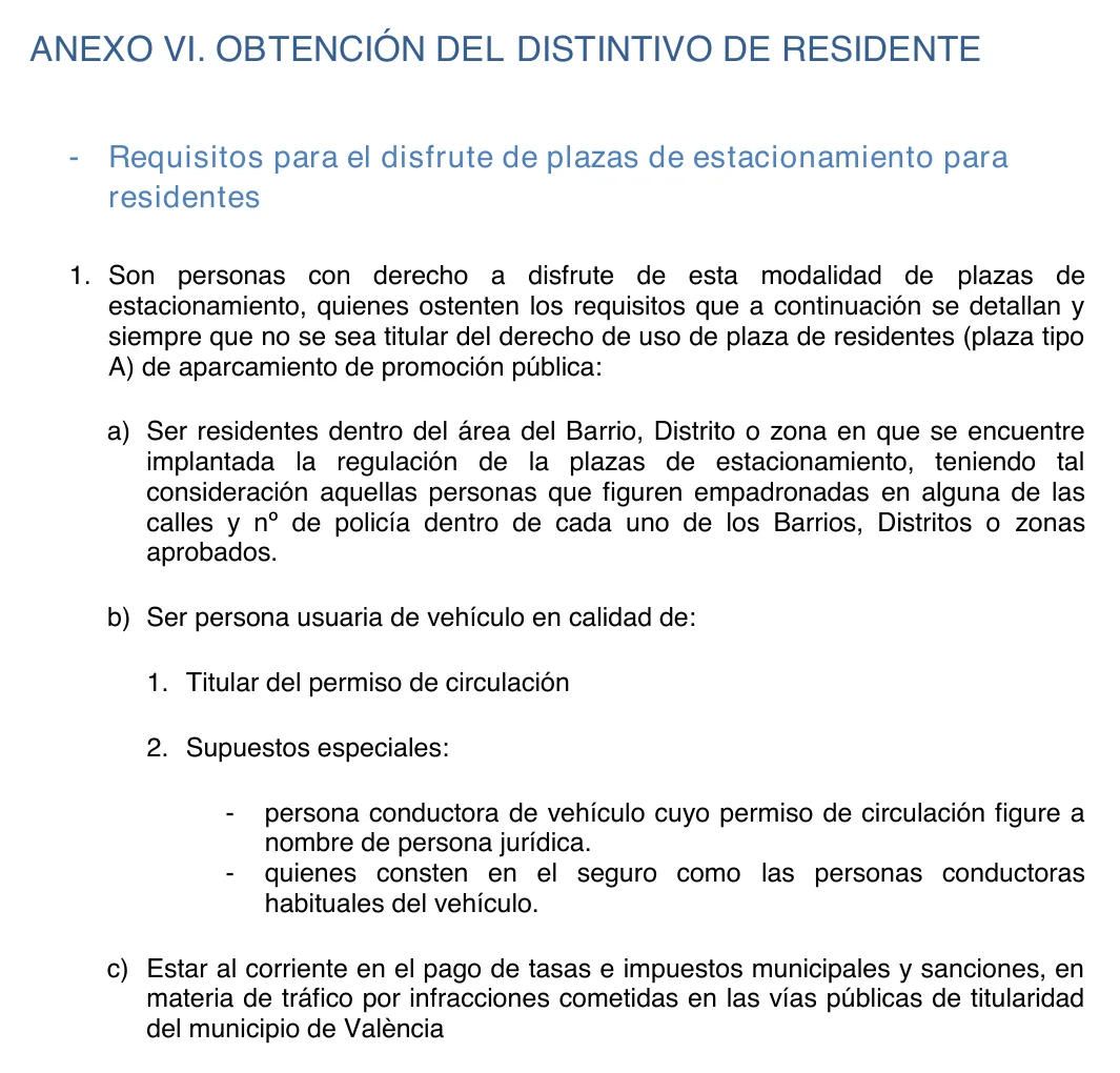 Annex of the Valencia Mobility Ordinance on how to get the resident parking badge, with the requirements