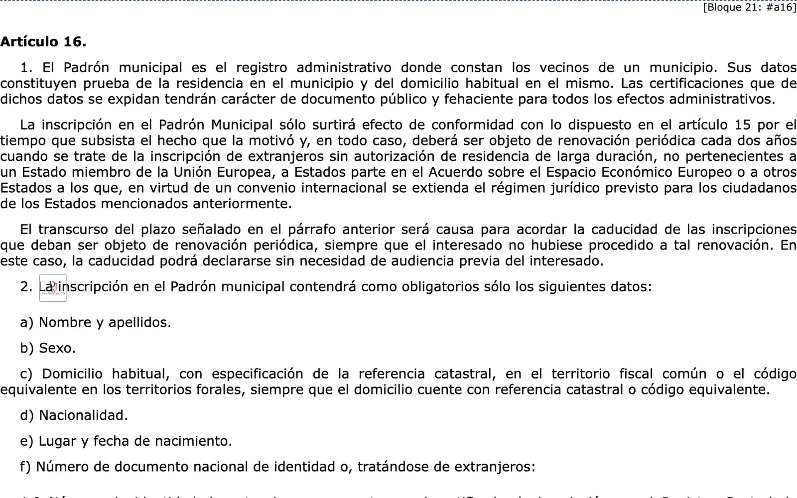 BOE consolidated text of the following article of Ley 7/1985 on padron data and renewal rules