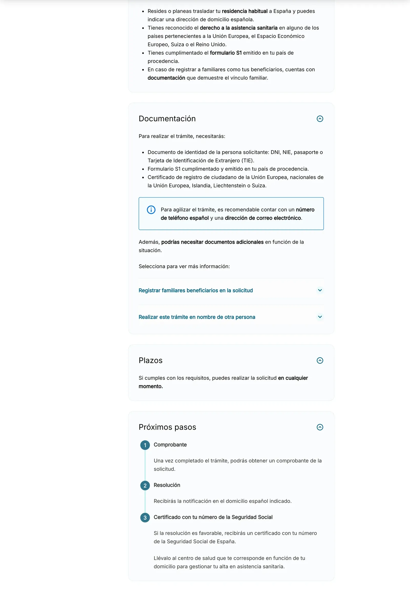 Seite der Seguridad Social zur Registrierung des S1-Formulars für die Gesundheitsversorgung in Spanien, mit Voraussetzungen und Unterlagen