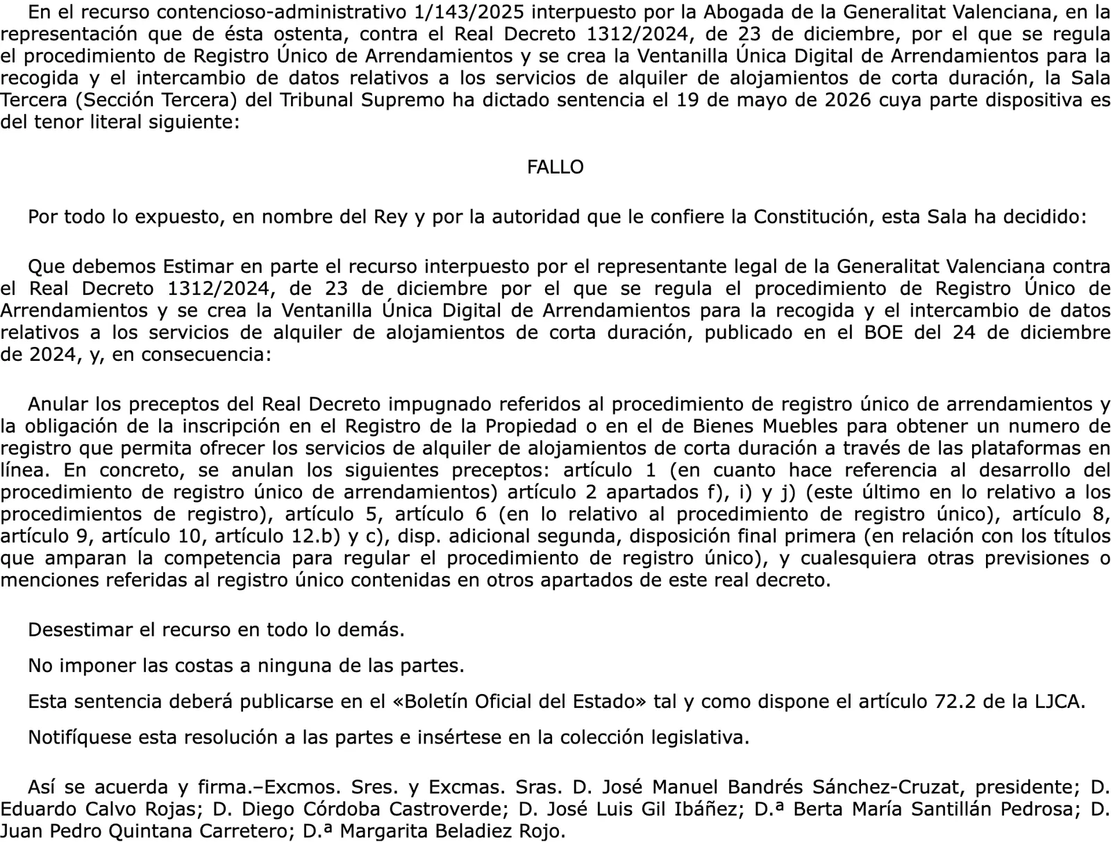 Urteilstenor eines Urteils des Obersten Gerichtshofs, das die Bestimmungen zum einheitlichen Register in einem Real Decreto aufhebt.
