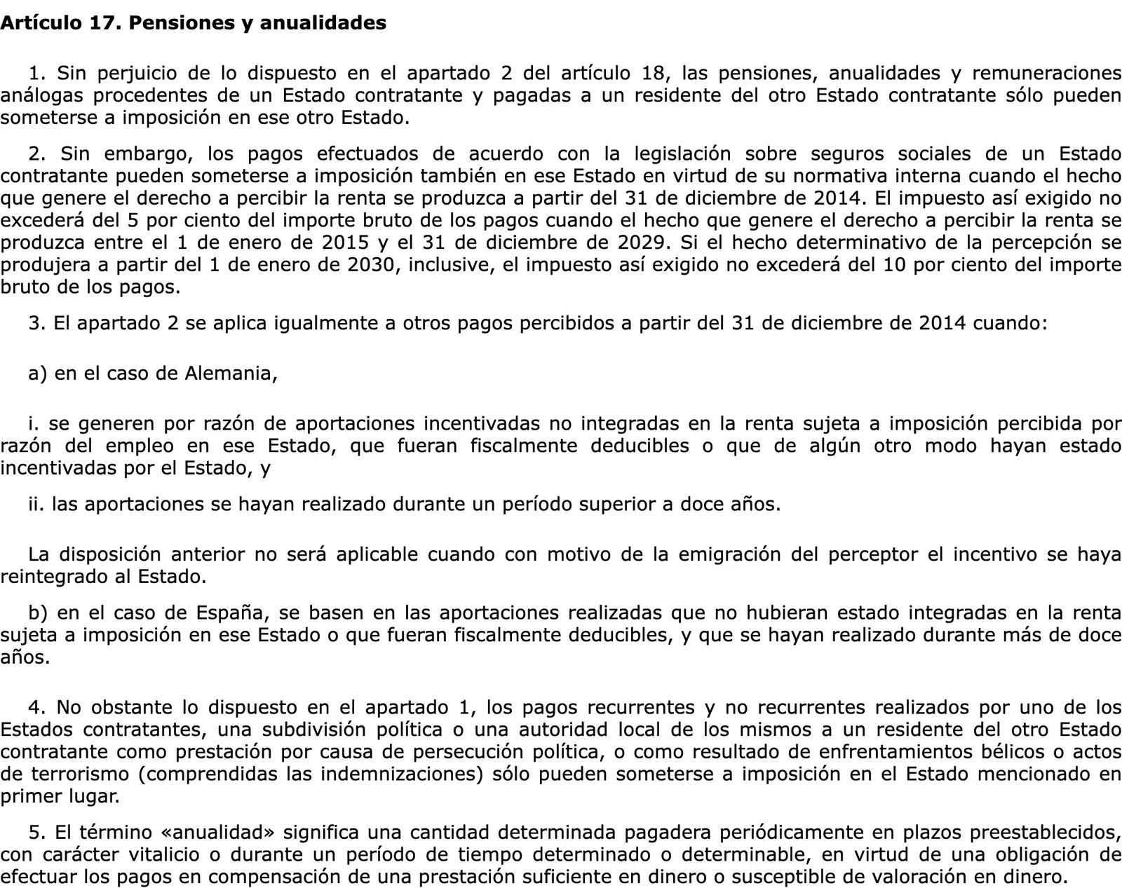 Text im BOE (Amtsblatt) zum Artikel über Ruhegehälter und Renten im Steuerabkommen zwischen Spanien und Deutschland