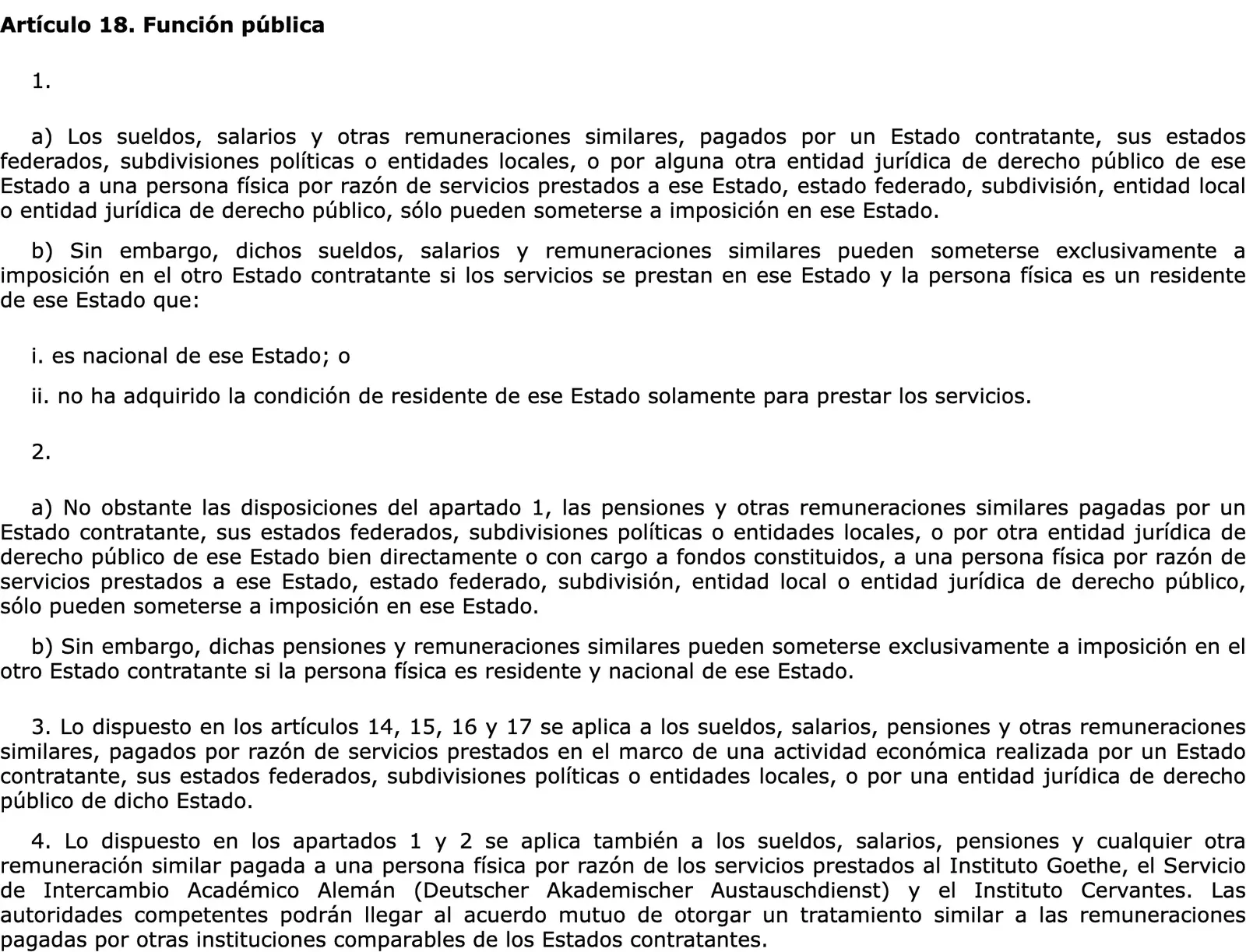 BOE-Text zum Artikel über den öffentlichen Dienst im Steuerabkommen zwischen Spanien und Deutschland, mit den Regeln für Pensionen aus dem öffentlichen Dienst