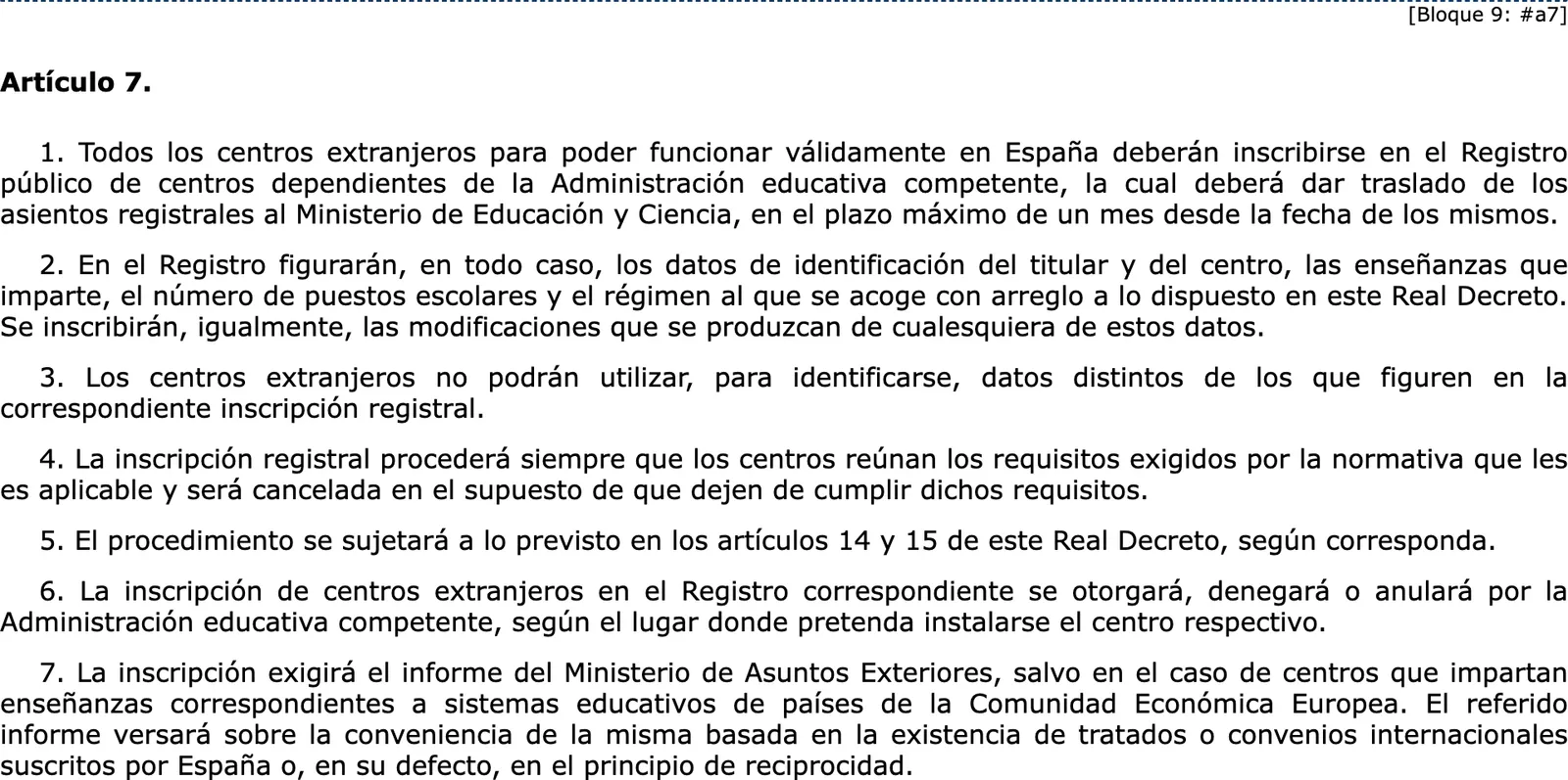 Der Registerartikel des Real Decreto über ausländische Schulen im konsolidierten BOE-Text