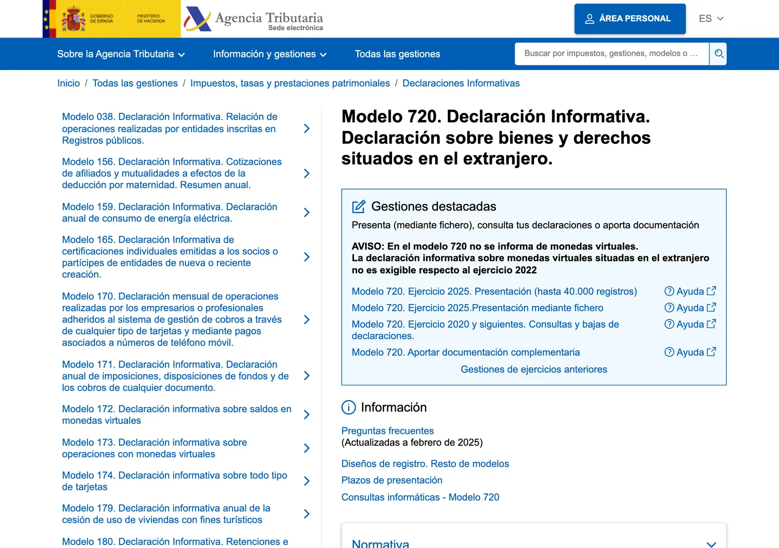 Seite des Online-Büros der Agencia Tributaria zur Meldung von Auslandsvermögen mit Links zur Abgabe, Hilfe und den Vorschriften.