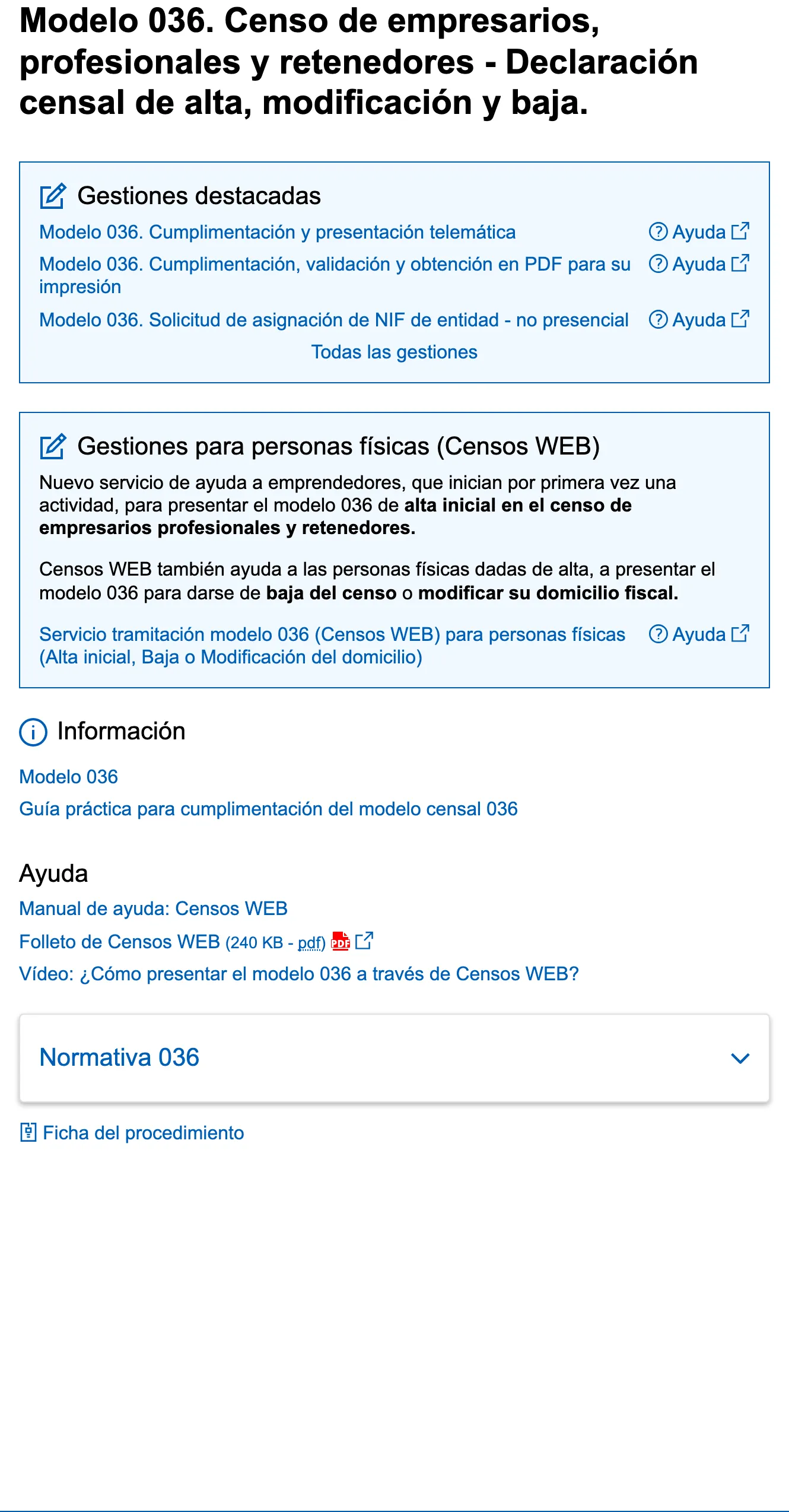 Tax Agency sede page for Modelo 036, the census declaration, with links to file it online