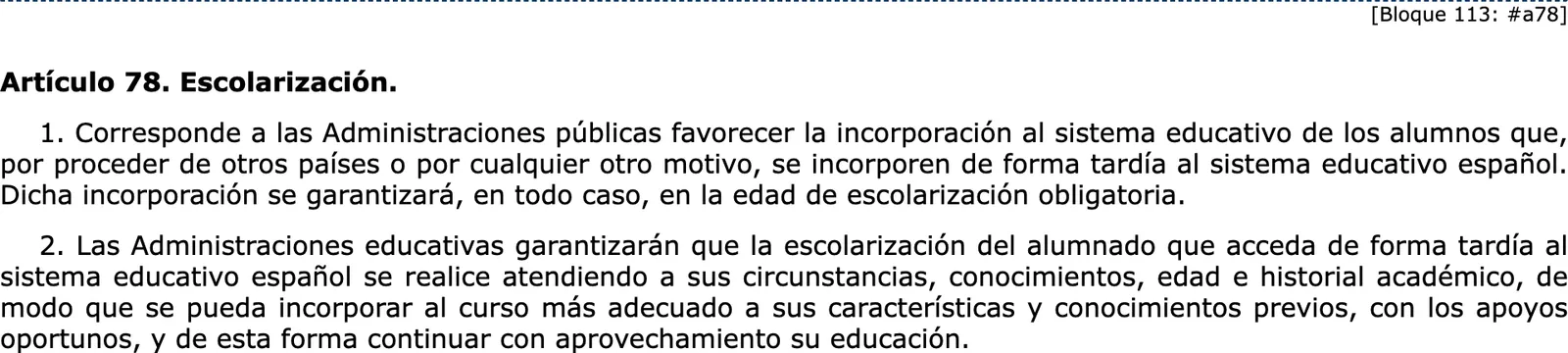 Der Artikel des Bildungsgesetzes zu Schülern, die spät in das spanische Schulsystem eintreten, im konsolidierten BOE-Text