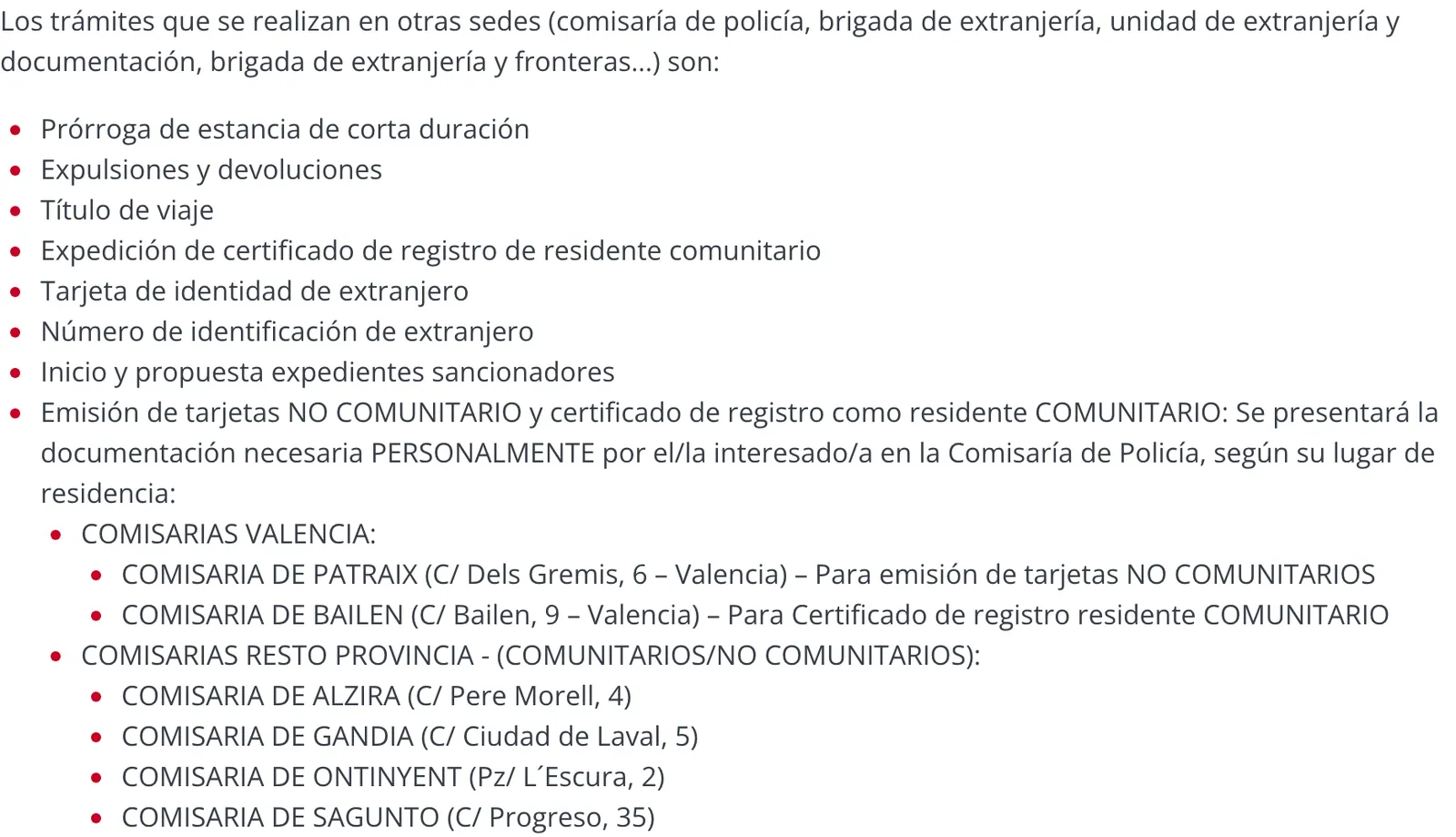 List of procedures handled at police stations in Valencia, including the foreigner identification number and the stations by area