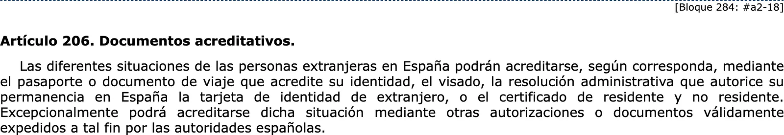 BOE consolidated text of article 206 listing the documents that prove a foreigner's situation in Spain