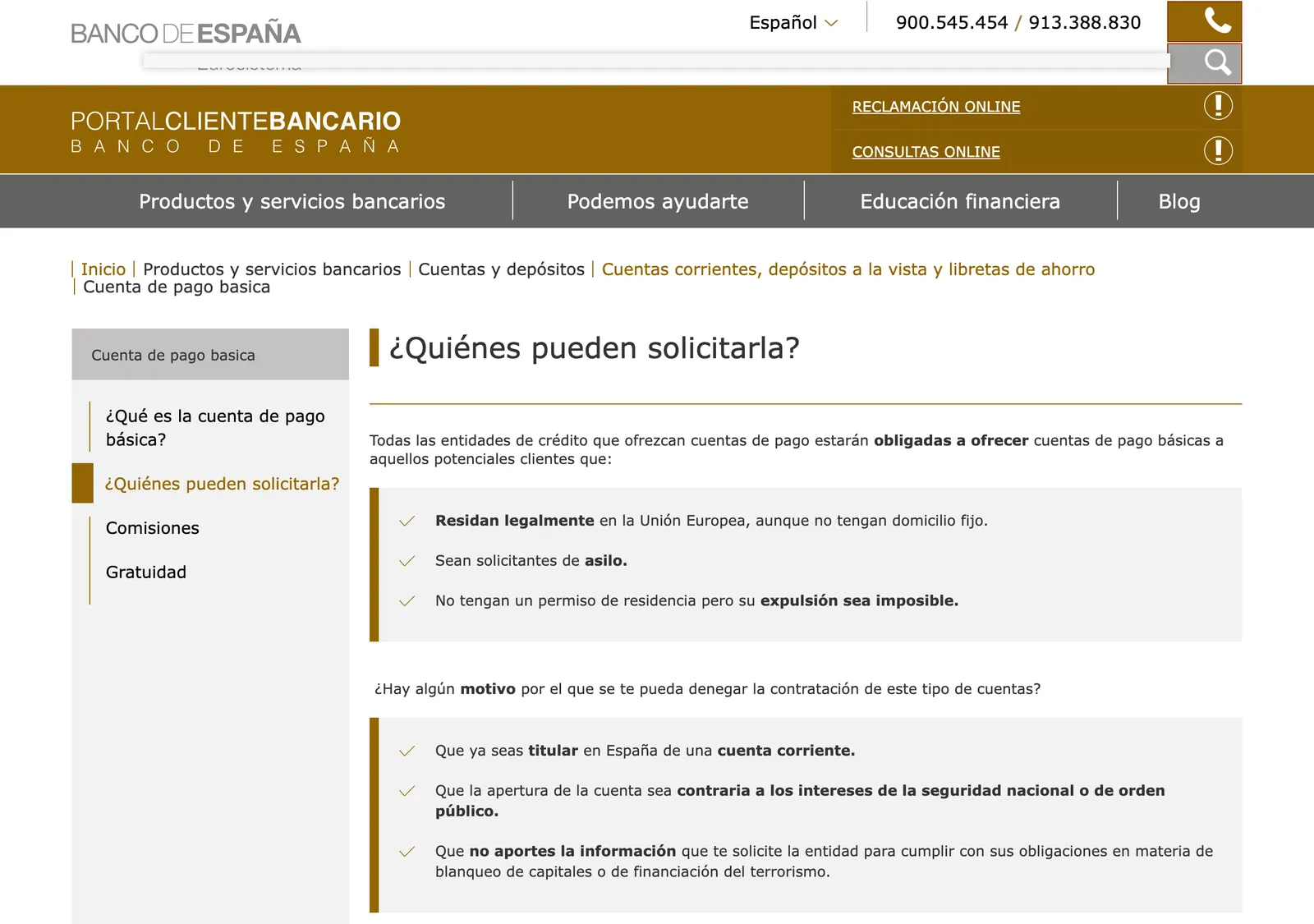 Seite des Kundenportals des Banco de Espana mit den Personengruppen, denen ein Basiszahlungskonto angeboten wird, darunter die Ablehnungsgründe