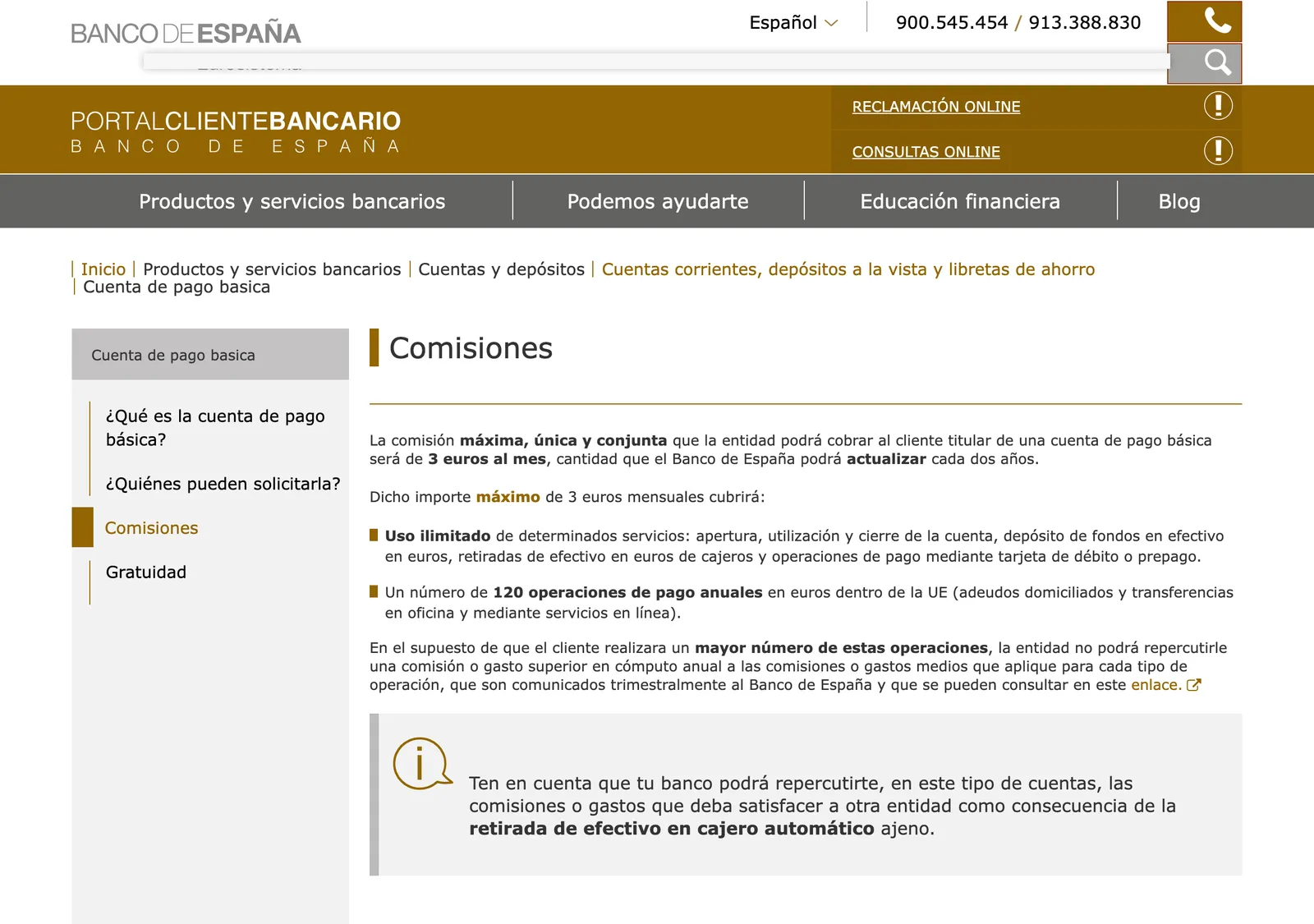 Seite des Kundenportals des Banco de Espana zu den Gebühren des Basiszahlungskontos, mit der monatlichen Obergrenze und den abgedeckten Leistungen