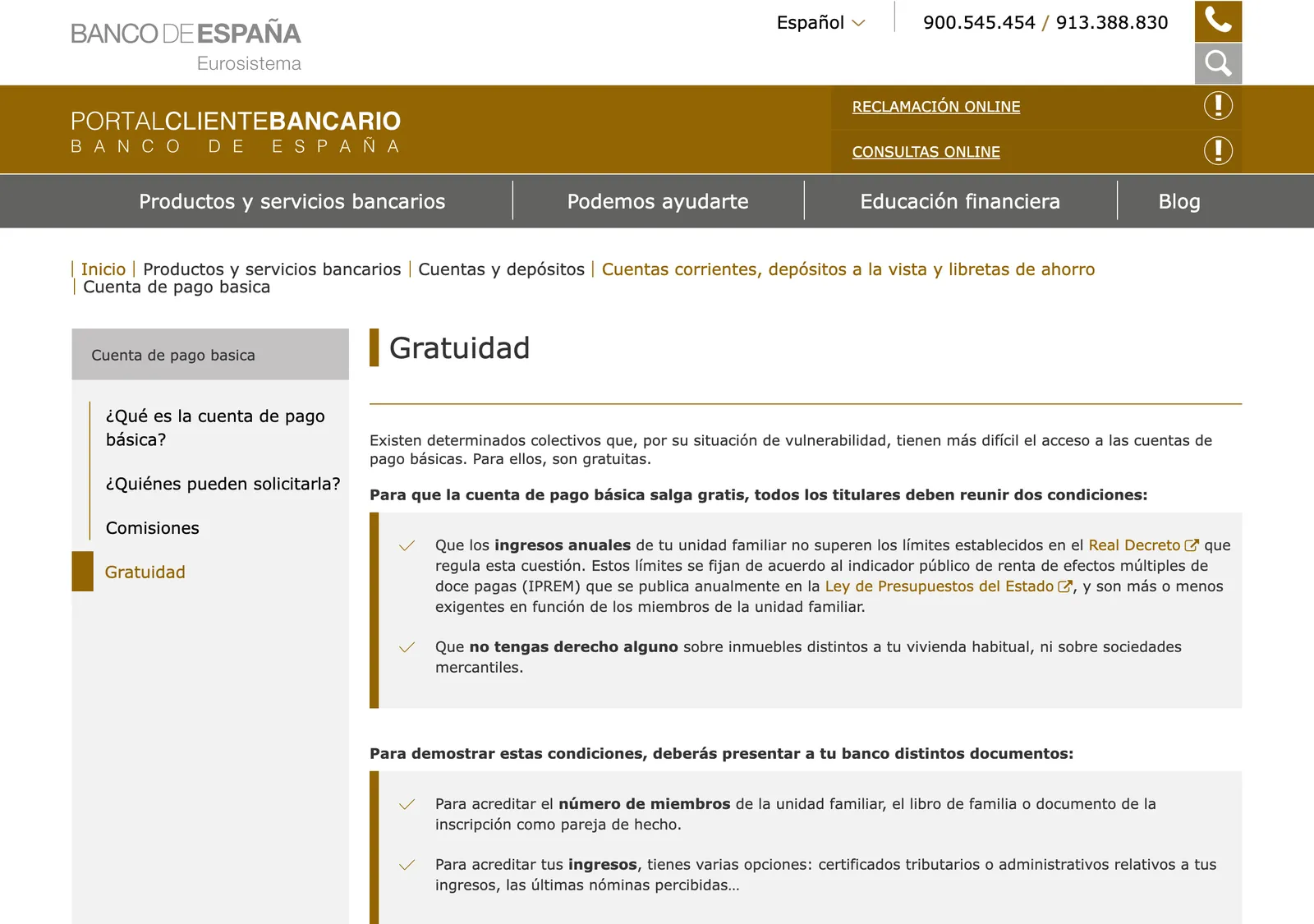 Seite des Kundenportals des Banco de Espana zum kostenlosen Basiszahlungskonto und den zwei Bedingungen dafür