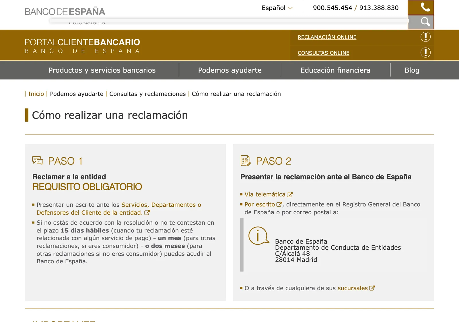Seite des Kundenportals des Banco de Espana mit den zwei Schritten einer Beschwerde gegen eine Bank