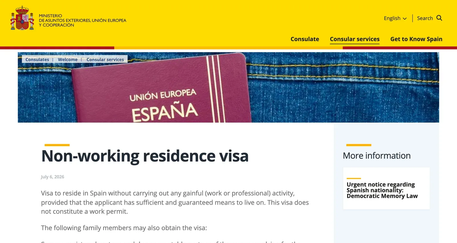Screenshot einer Seite eines spanischen Konsulats mit der Überschrift Aufenthaltsvisum ohne Erwerbstätigkeit, mit Passbild und Liste der Familienangehörigen