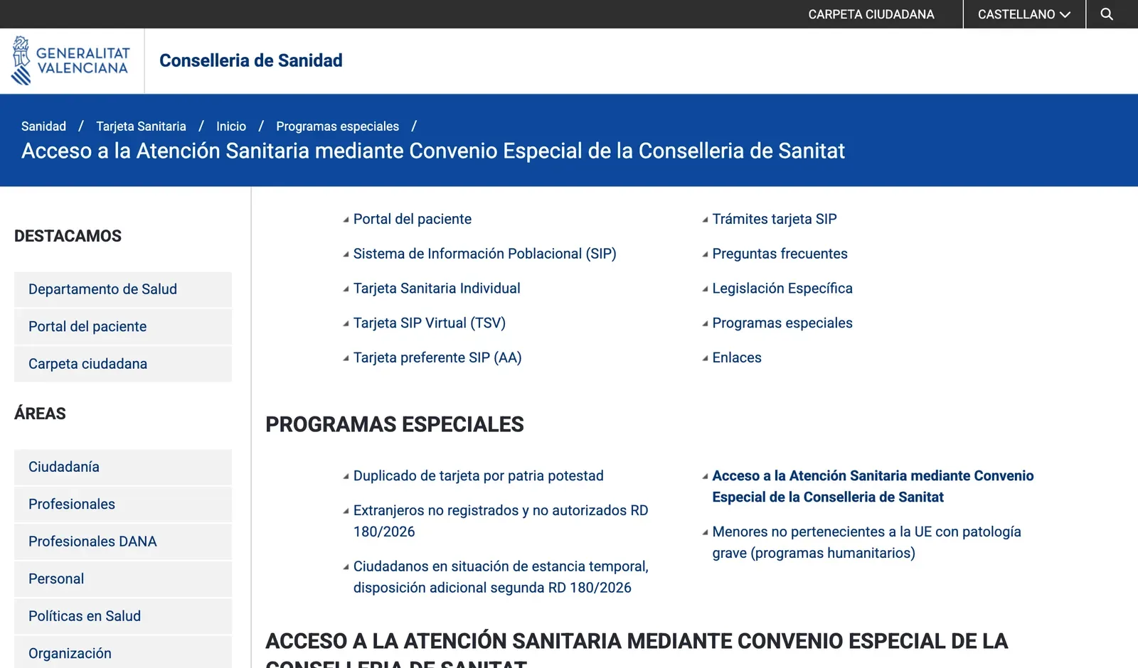 Screenshot der Seite des regionalen Gesundheitsministeriums zum Zugang zur Versorgung über den Convenio especial, mit dem Programmmenü