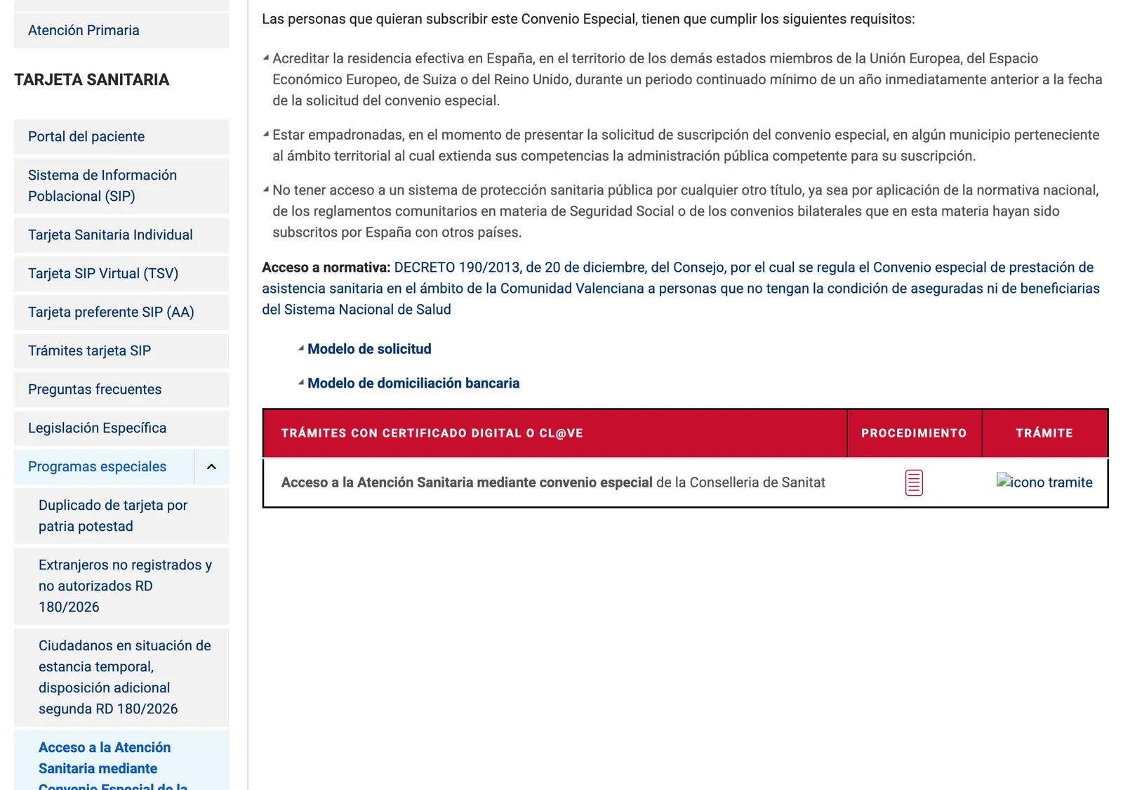 Webseite der Conselleria de Sanidad mit den Voraussetzungen für das Convenio especial