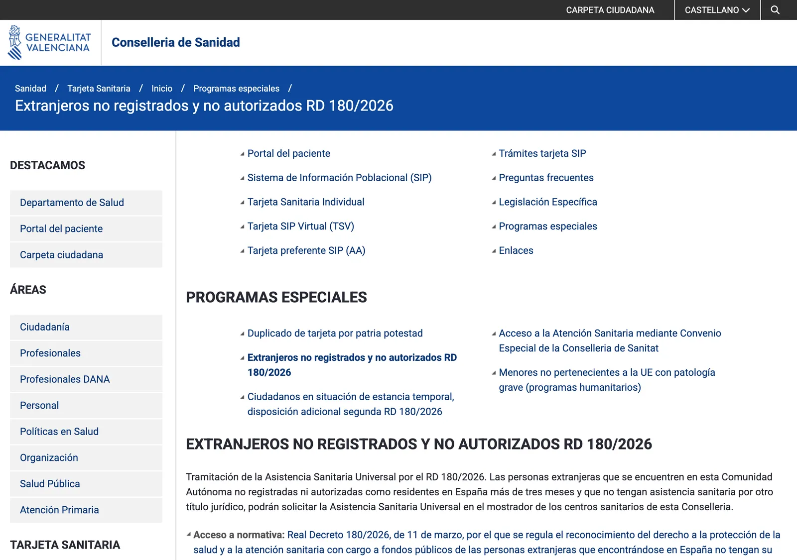 Webseite der Conselleria de Sanidad über ausländische Personen, die nicht als Residenten registriert oder zum Aufenthalt berechtigt sind
