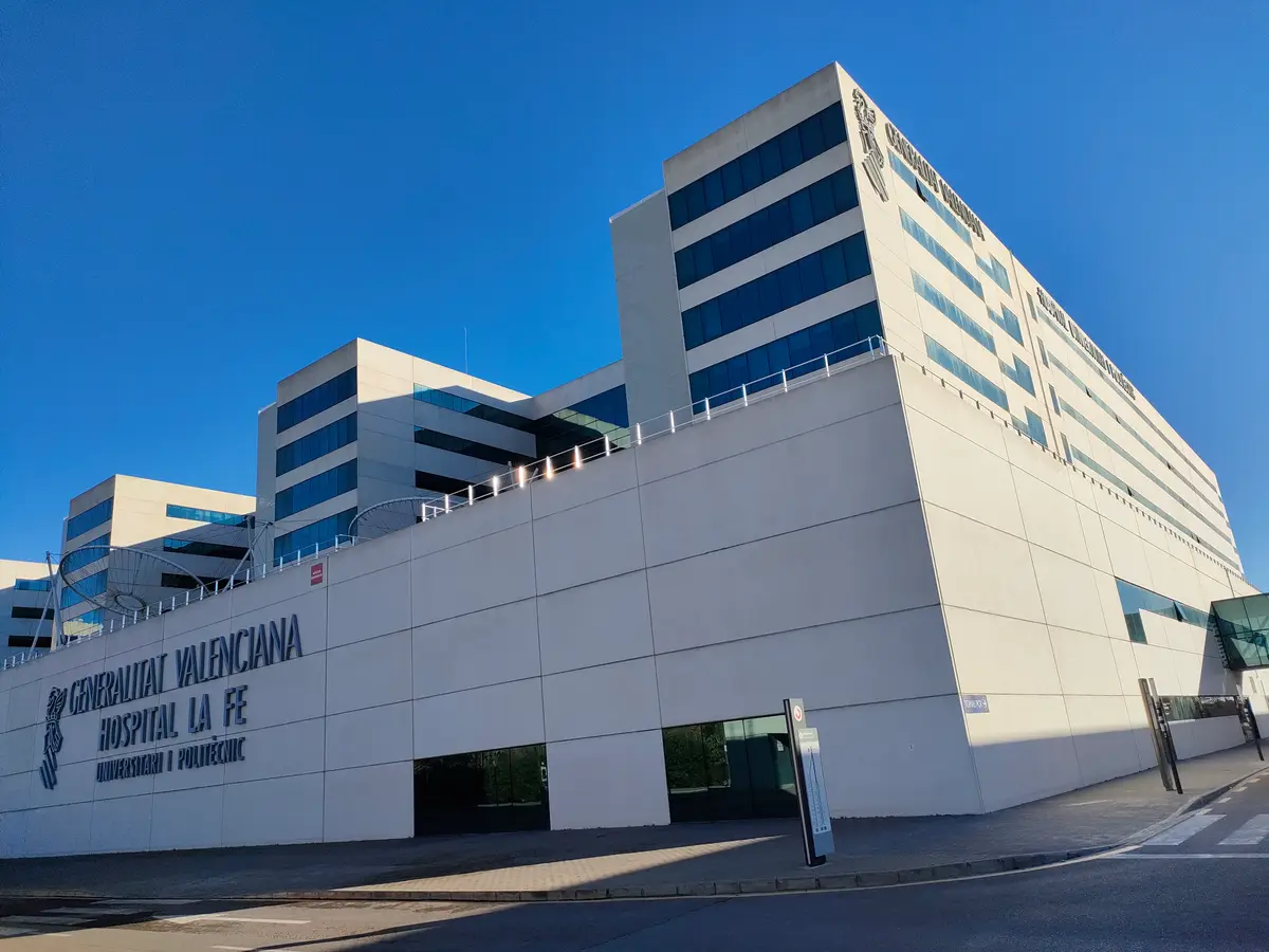 Großes weißes Krankenhausgebäude mit Reihen blaugrüner Fenster unter klarem Himmel