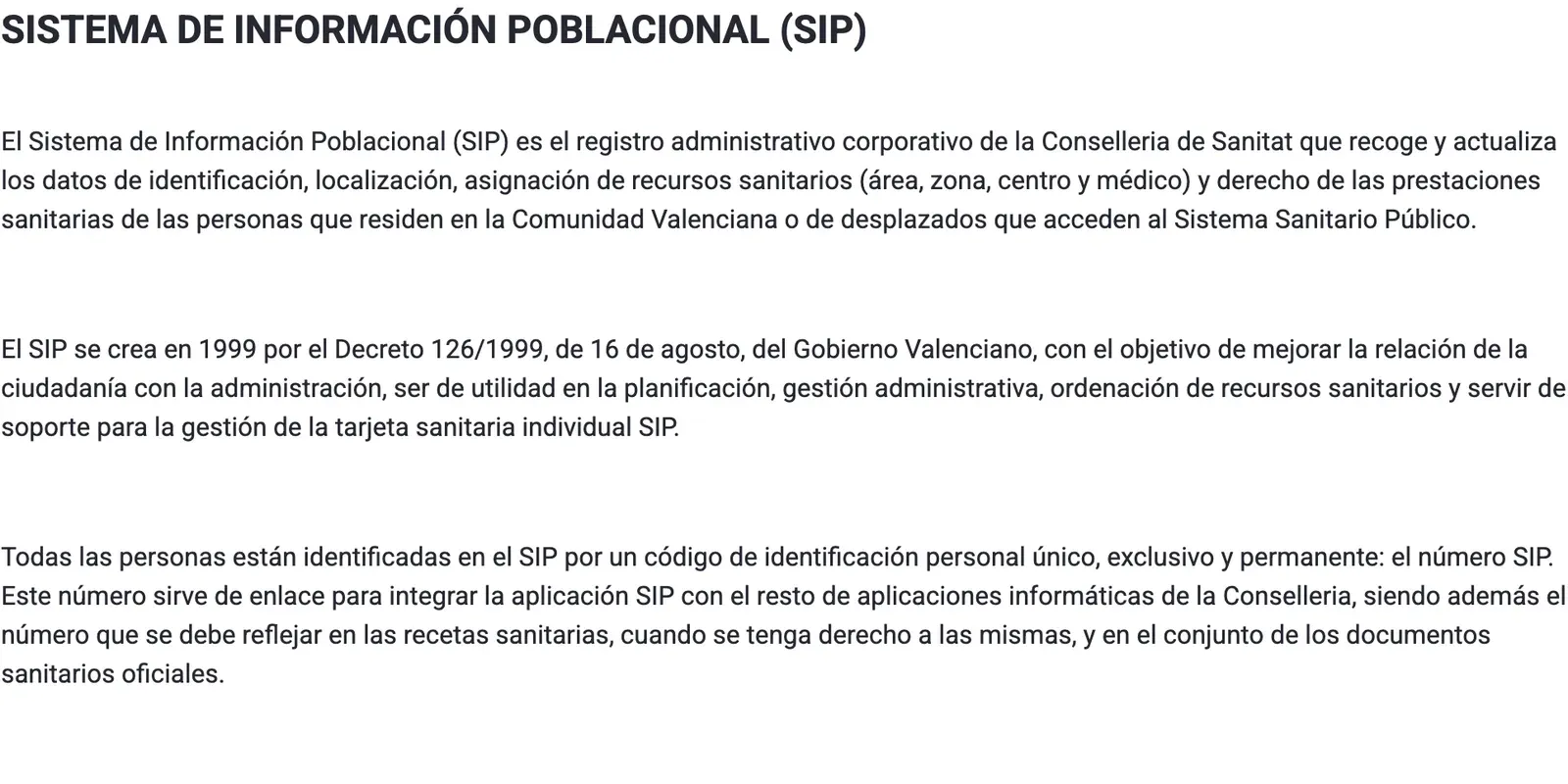 Seite der Conselleria zum Population Information System, dem SIP-Register