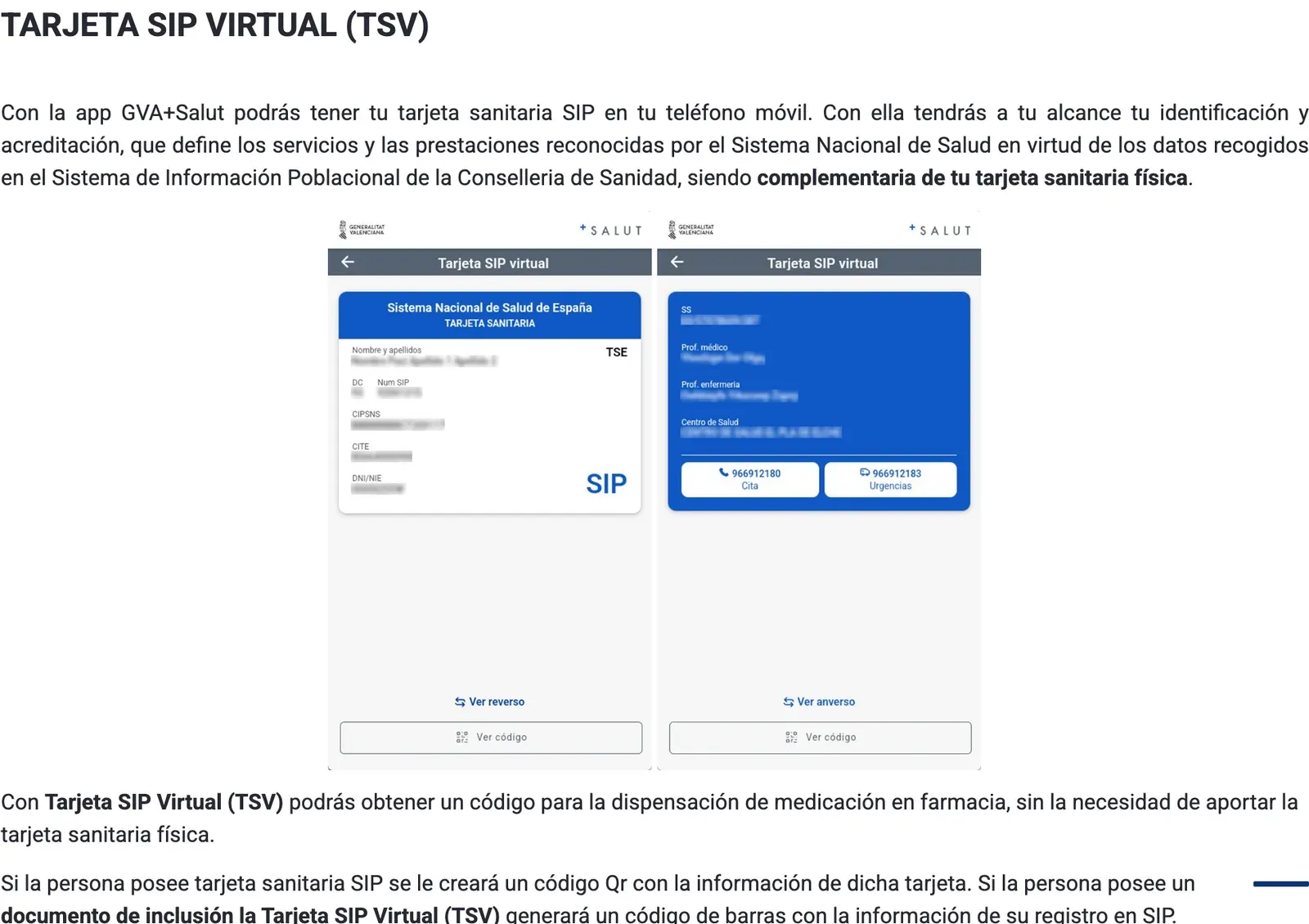 Seite der Conselleria zur virtuellen SIP-Karte mit zwei Handybildschirmen, die die Karte und ihre Rückseite zeigen
