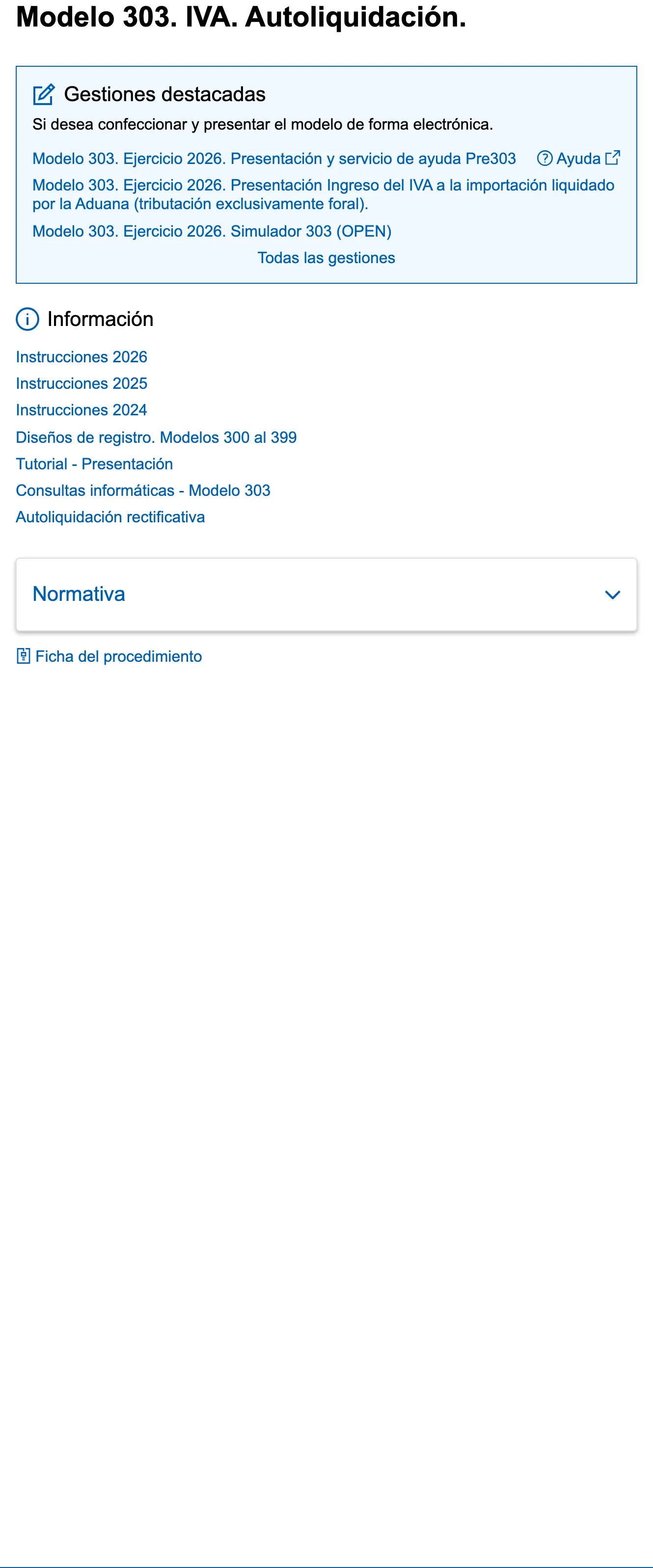 Seite der Agencia Tributaria zum Umsatzsteuer-Formular mit den Links zur Online-Einreichung