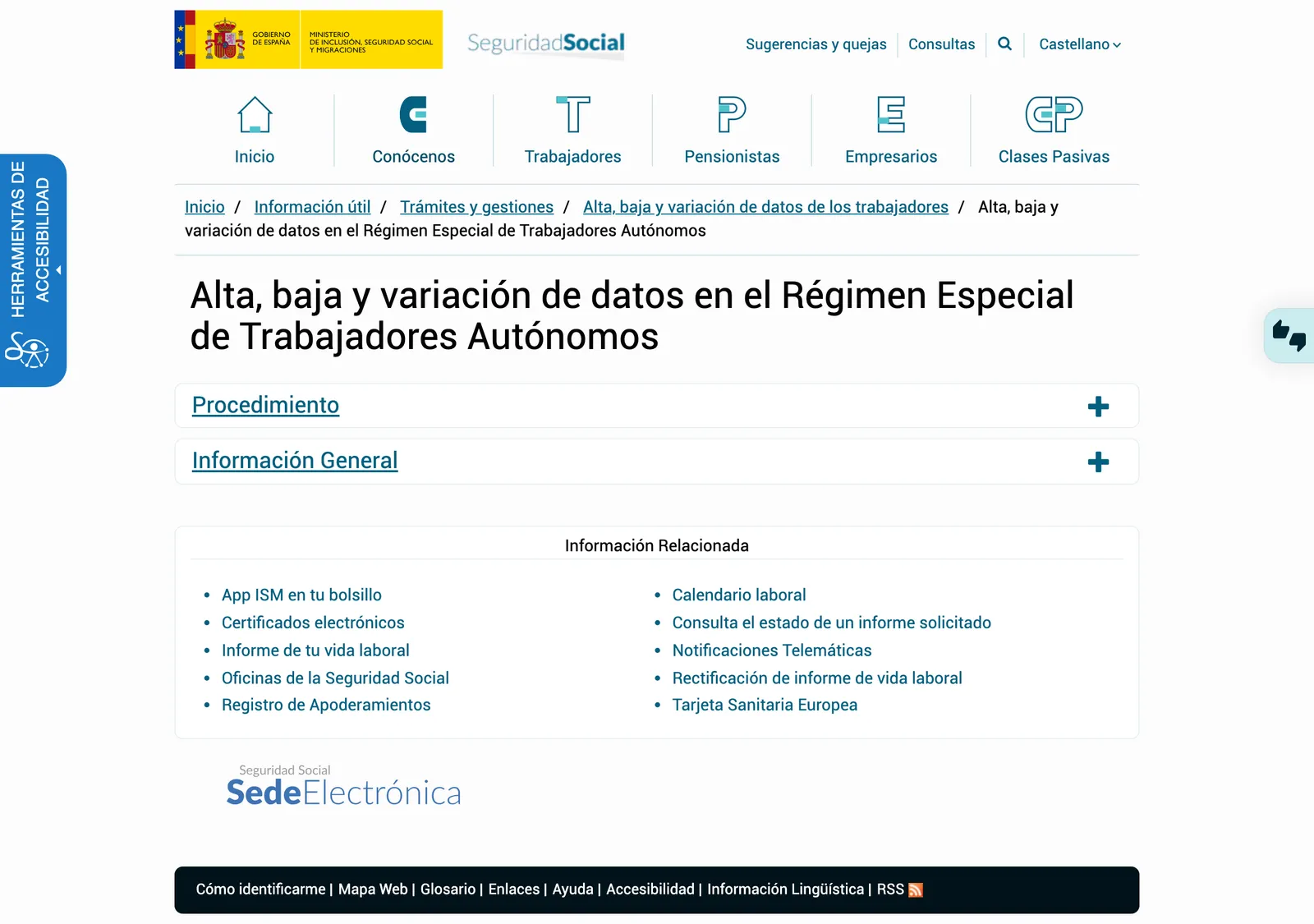 Seite der Seguridad Social zu Anmeldung, Abmeldung und Datenänderungen für Selbstständige