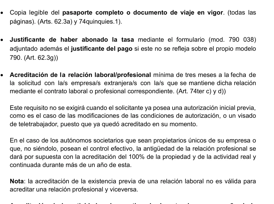 Seite mit Hinweisen des Ministeriums auf Spanisch, die Antragsunterlagen auflistet, darunter Passkopie, Gebührennachweis und Unternehmensnachweis.