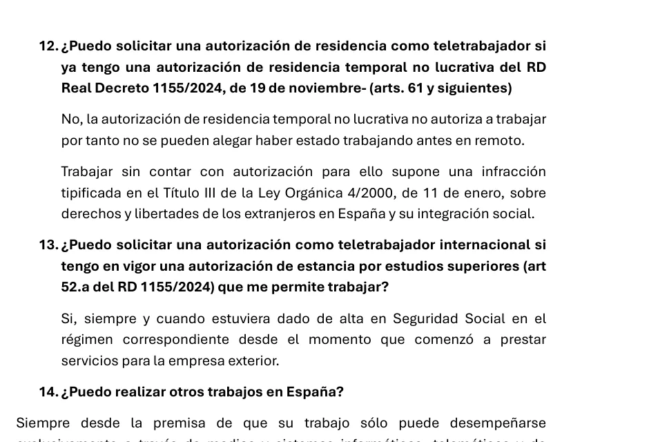 Seite mit Fragen und Antworten des Ministeriums zu Inhabern anderer Genehmigungen und zur Arbeit für spanische Unternehmen.