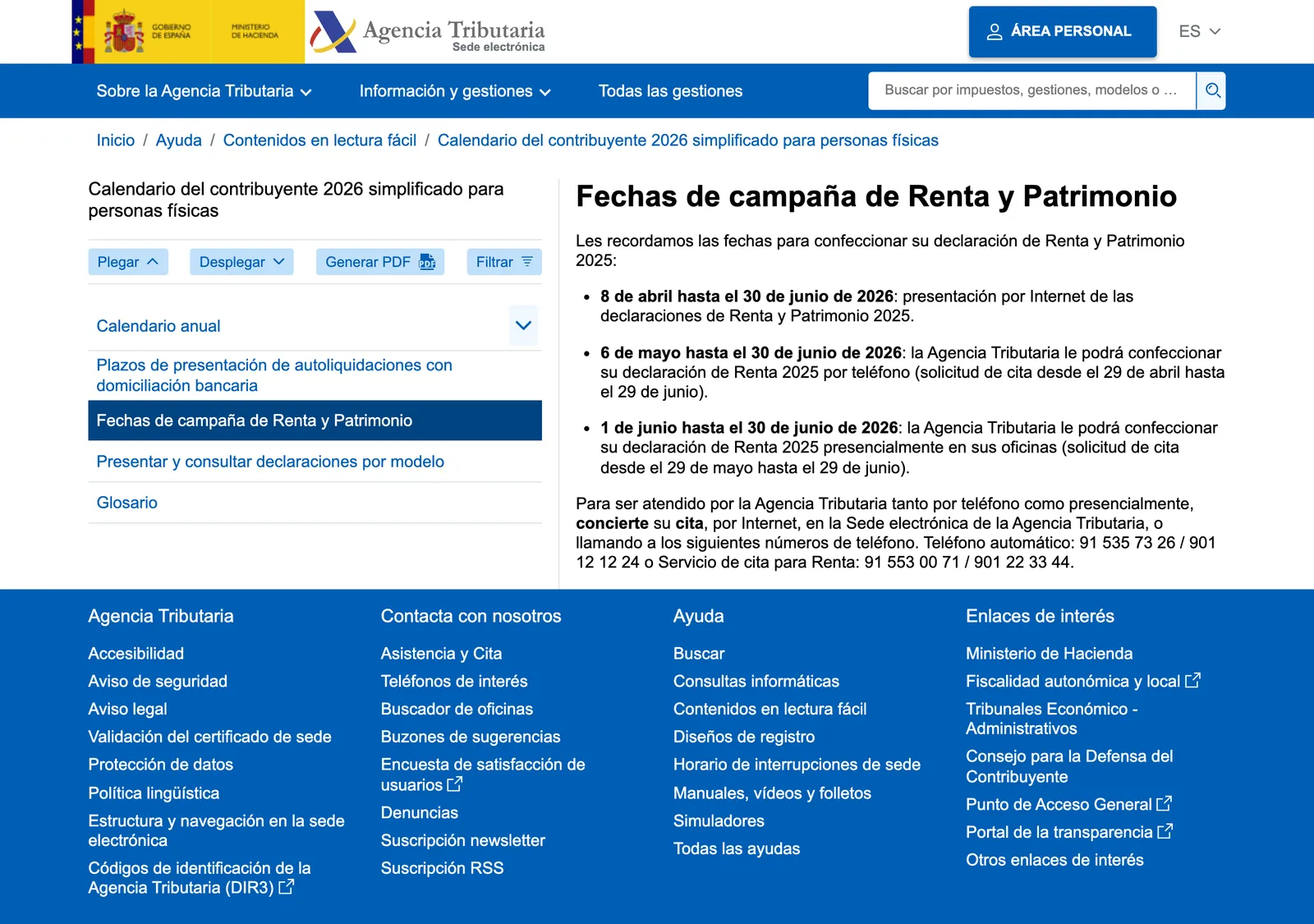 Seite der Agencia Tributaria mit den Terminen der Kampagne Renta und Patrimonio; sie listet Online-Abgabe, Hilfe per Telefon und Hilfe vor Ort auf.