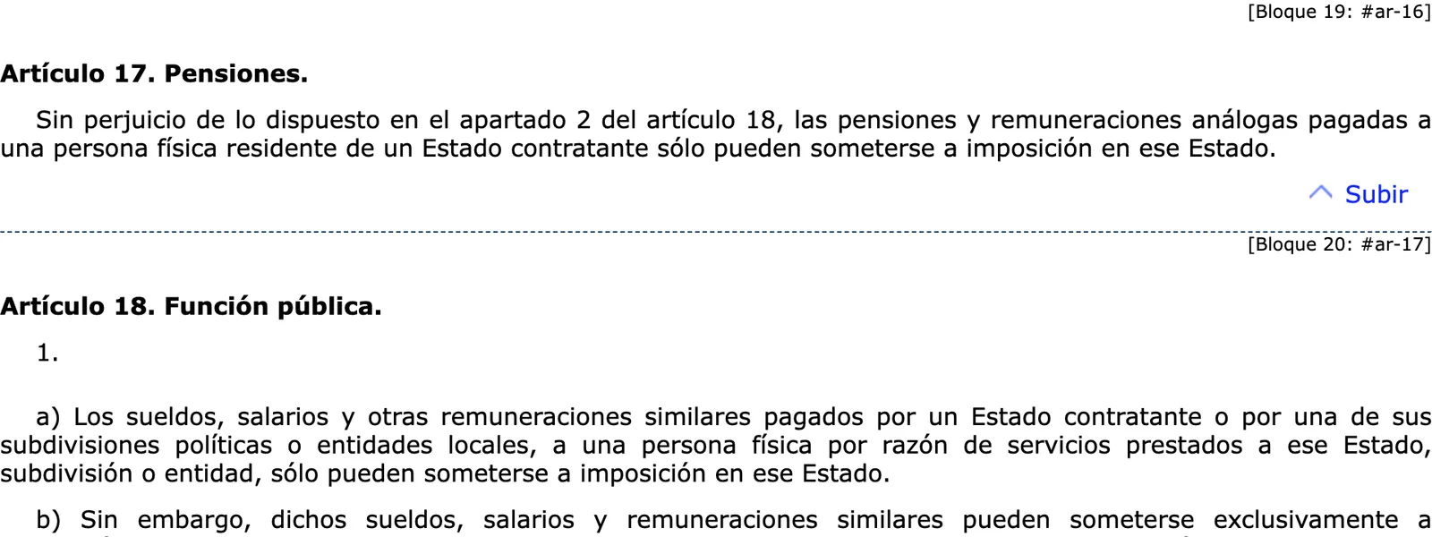 BOE-Text des Steuerabkommens Spanien–Vereinigtes Königreich mit dem Rentenartikel und dem Beginn des Artikels zum Staatsdienst