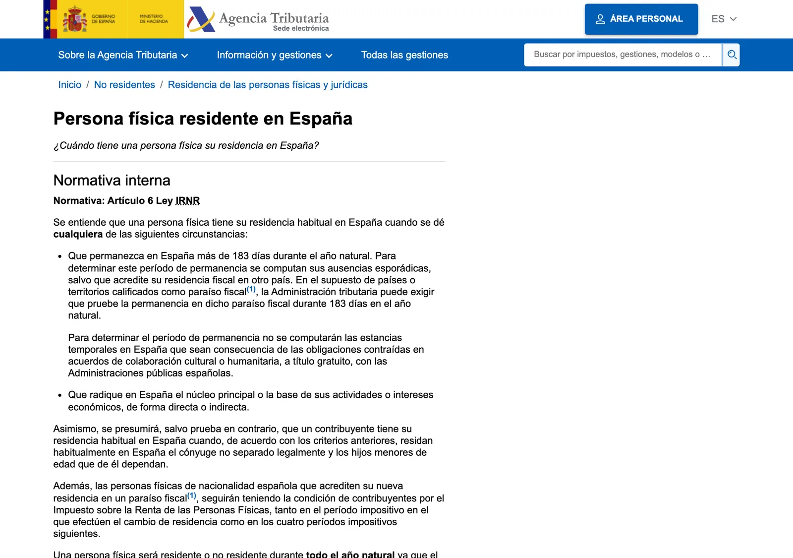 Seite der Agencia Tributaria mit der Überschrift „Einzelperson mit Ansässigkeit in Spanien“, den Kriterien für den gewöhnlichen Aufenthalt und dem Abschnitt zu Sonderfällen.