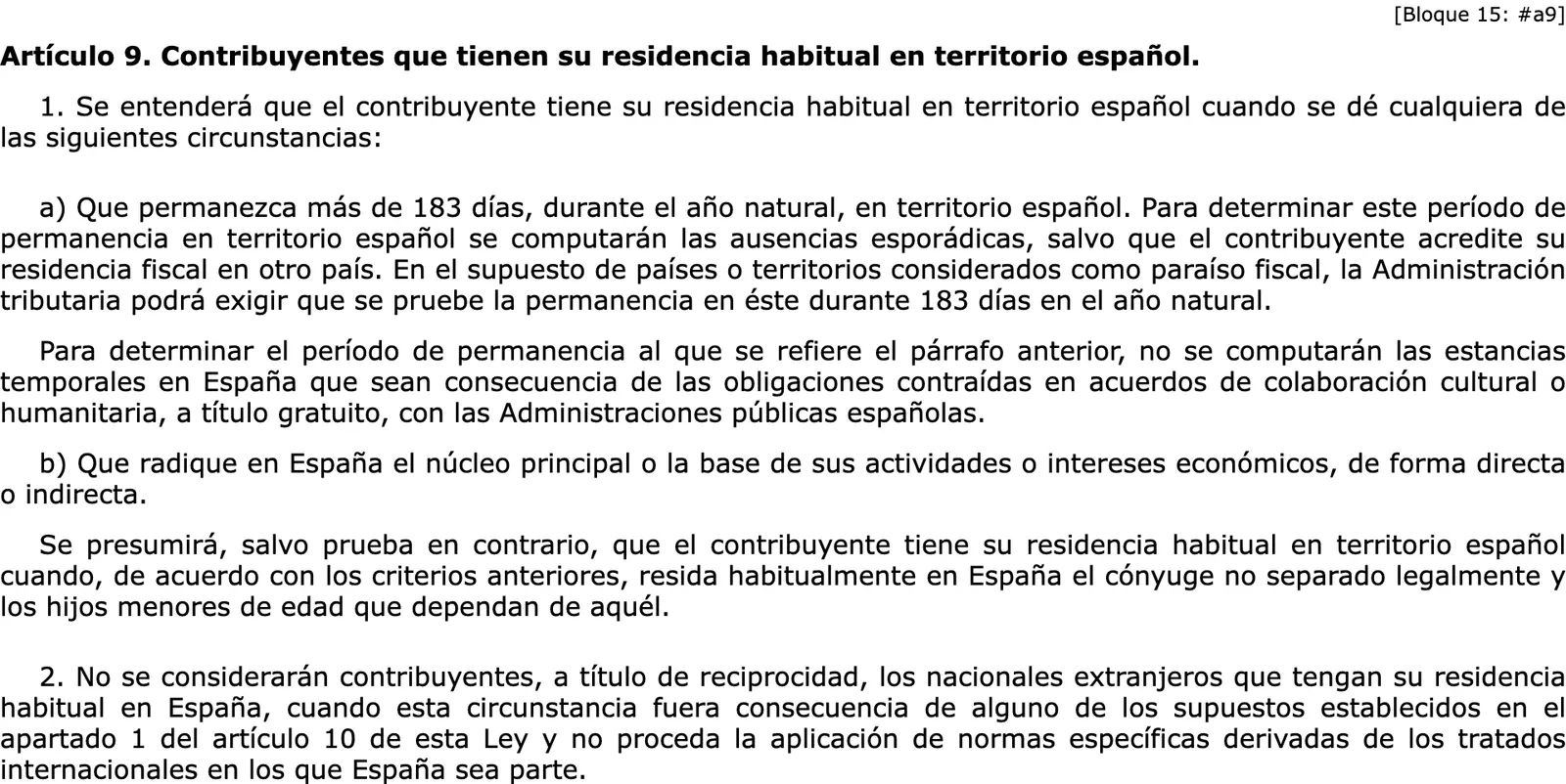 Amtsblatt-Text des Artikels, der im IRPF-Gesetz den gewöhnlichen Aufenthalt in Spanien definiert, mit der Liste der Umstände.