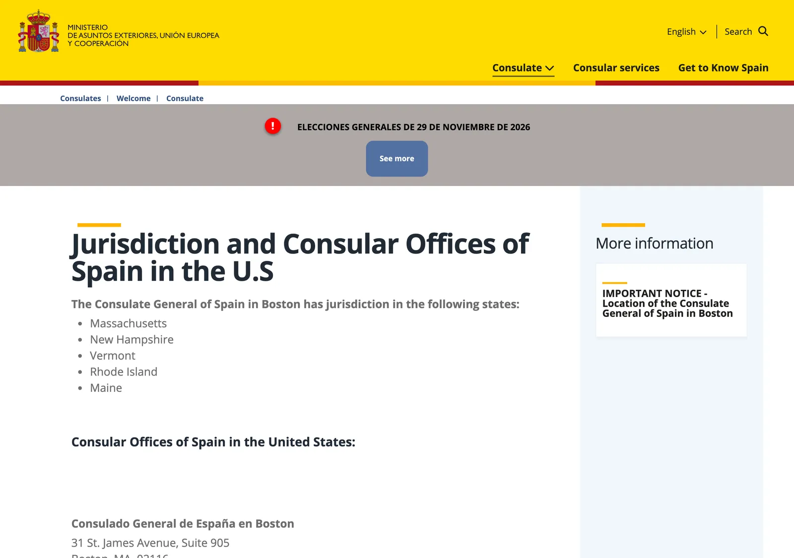 Seite eines spanischen Konsulats mit der Überschrift Jurisdiction and Consular Offices of Spain in the US, mit einer Liste der Neuengland-Staaten.