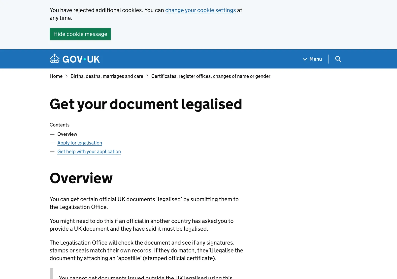 GOV.UK-Seite mit der Überschrift Get your document legalised, mit der Übersicht zum Service des Legalisation Office.