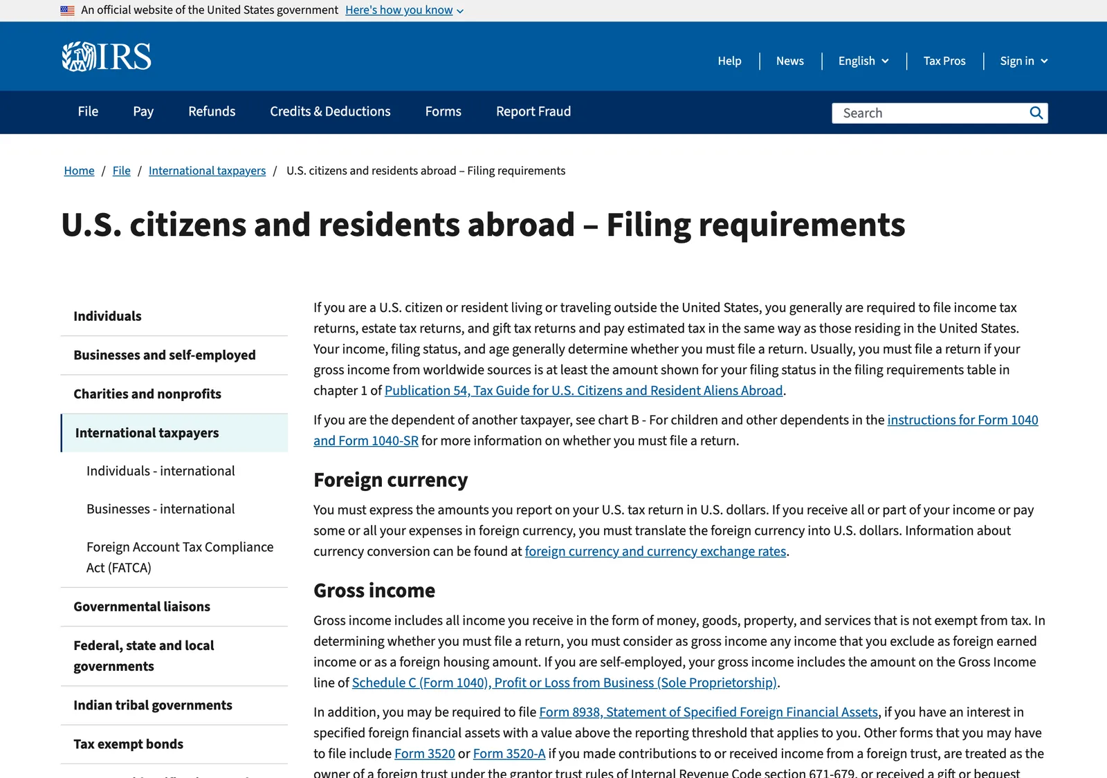 IRS-Seite mit der Überschrift US citizens and residents abroad, filing requirements, mit dem Einleitungsabsatz zum weltweiten Einkommen.