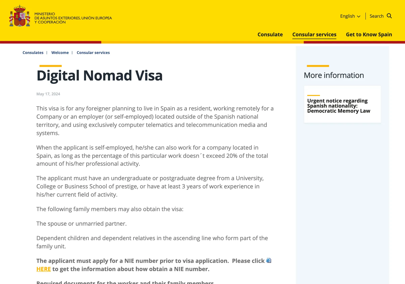 Seite eines spanischen Konsulats mit der Überschrift Digital Nomad Visa, mit Text dazu, für wen das Visum gedacht ist, und einem Hinweis zur NIE-Nummer.