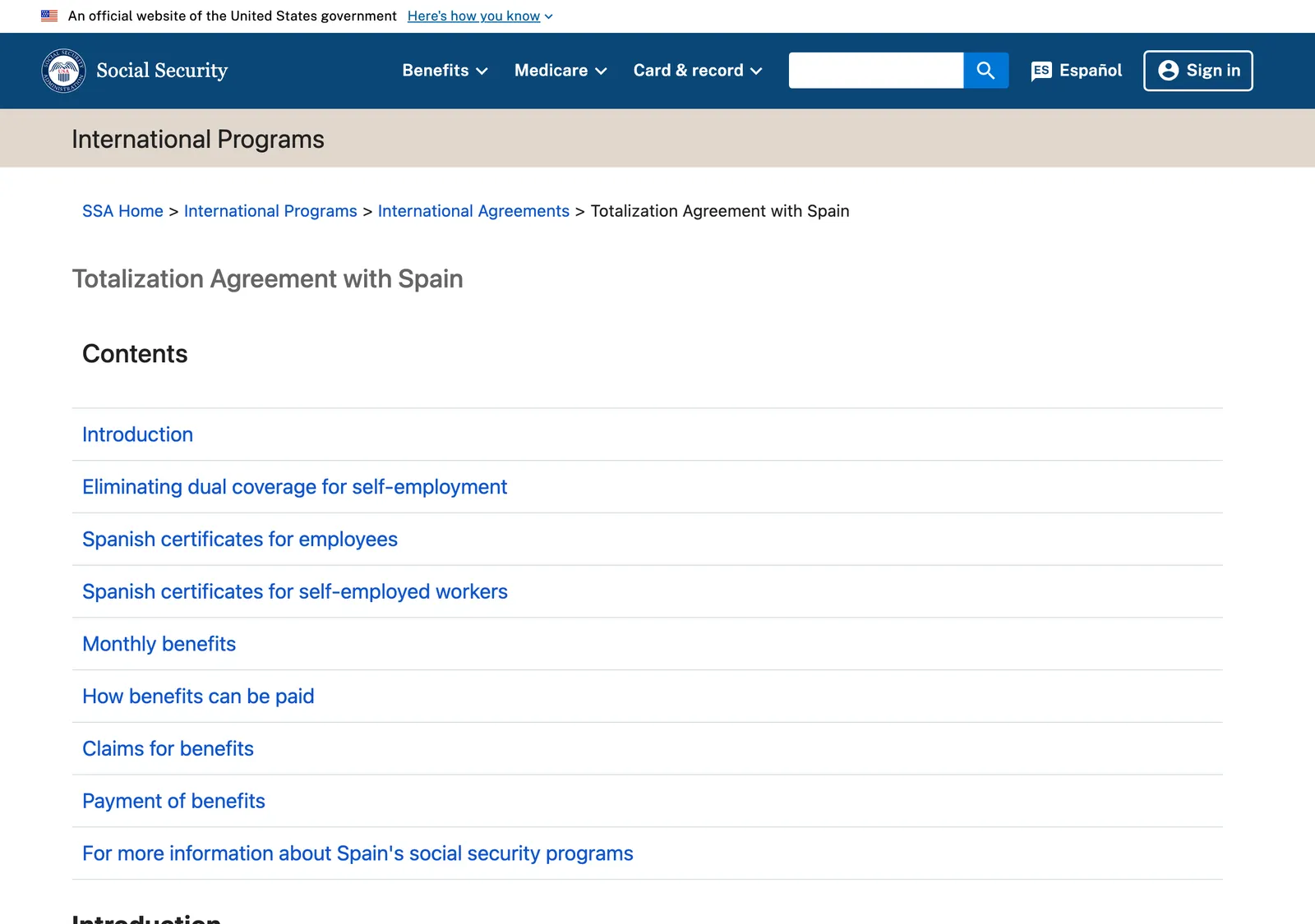 Seite der US Social Security Administration mit der Überschrift Totalization Agreement with Spain und einem Inhaltsverzeichnis.