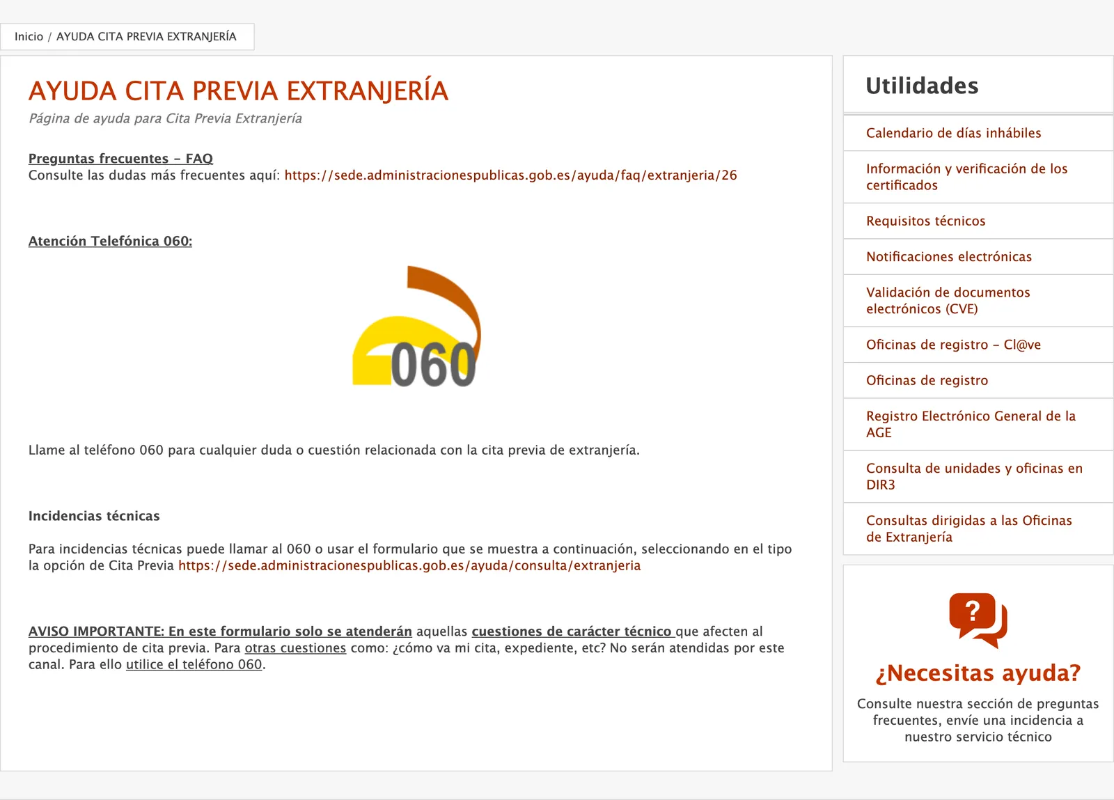 Help page for foreigner cita previa with the phone line and the technical incident form