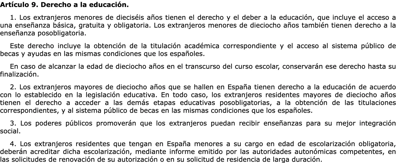 BOE text of the Foreigners Act article on the right to education.