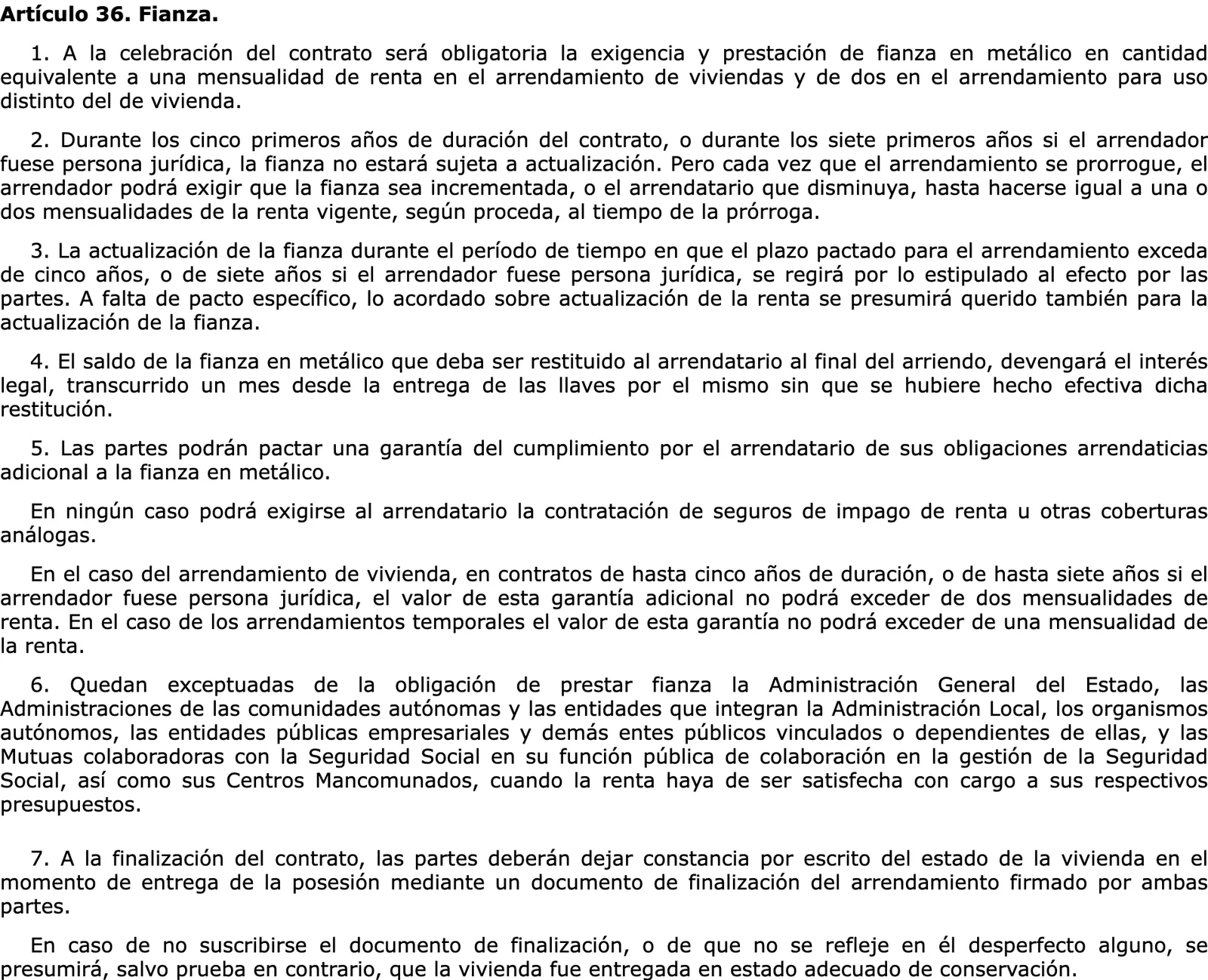 Amtlicher konsolidierter Text der LAU (Ley de Arrendamientos Urbanos) zur Fianza und zum Dokument, das bei Mietende unterschrieben wird.