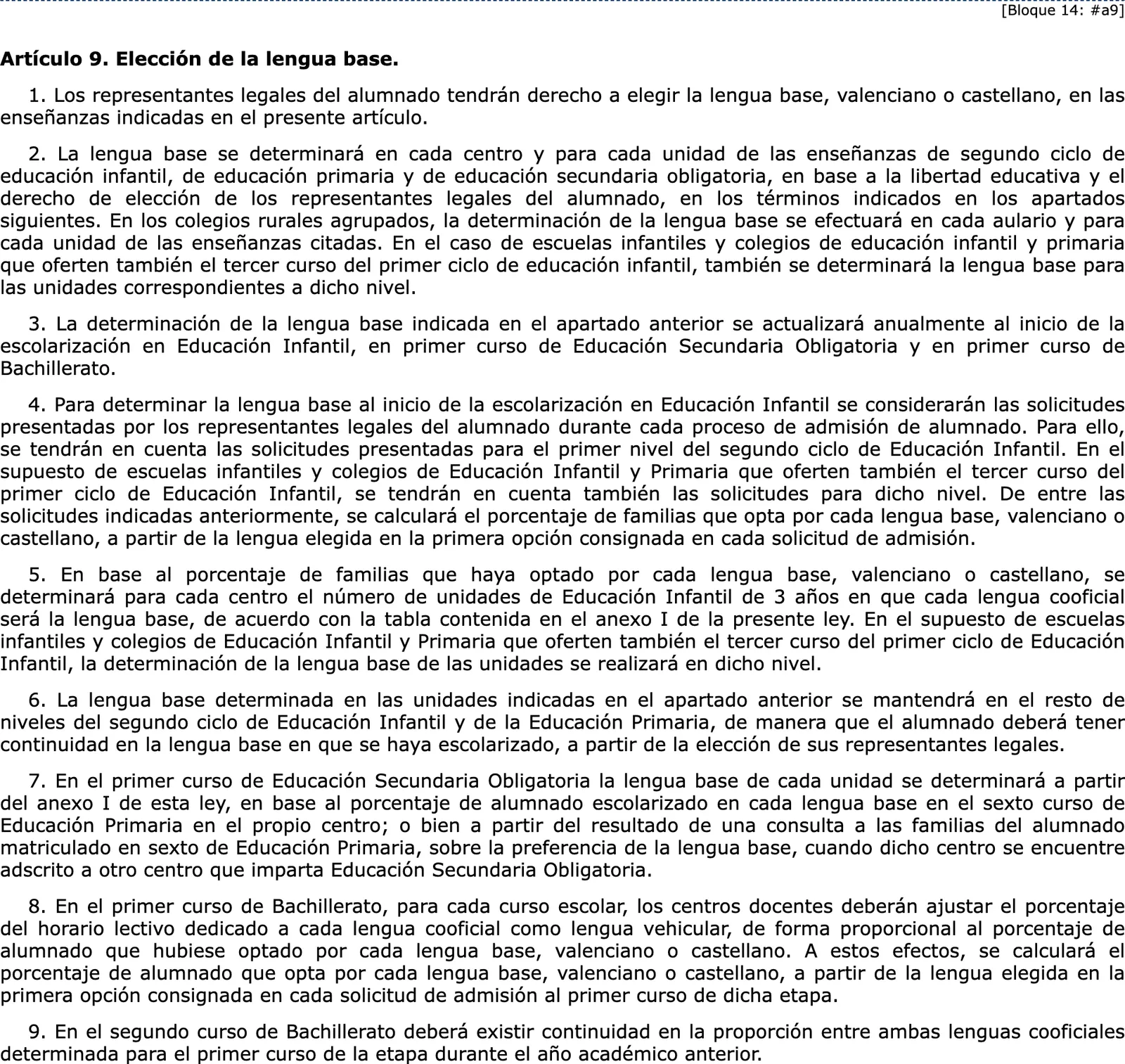 Text des Amtsblatts mit dem Artikel, der Familien in der valencianischen Zone das Recht gibt, die Basissprache zu wählen.